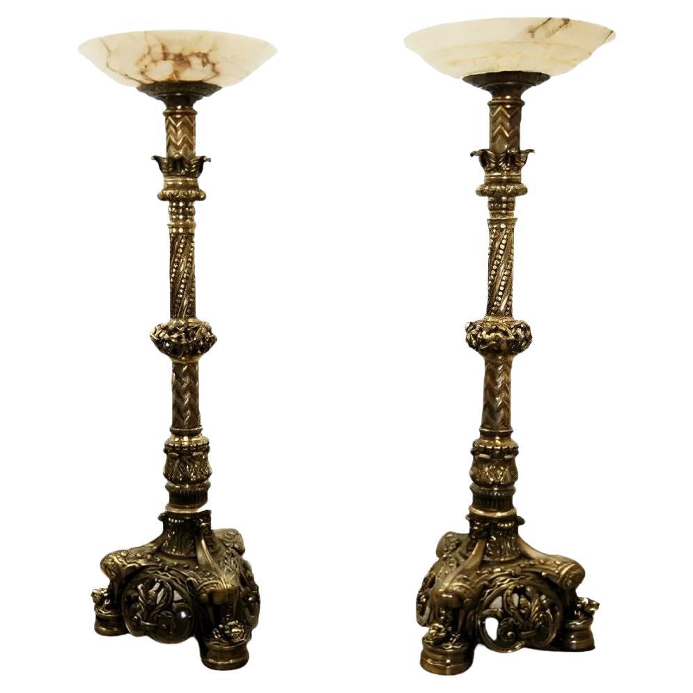Pair of Late 19th Century Gothic Revival Bronze Torcheres with Alabaster Shades
