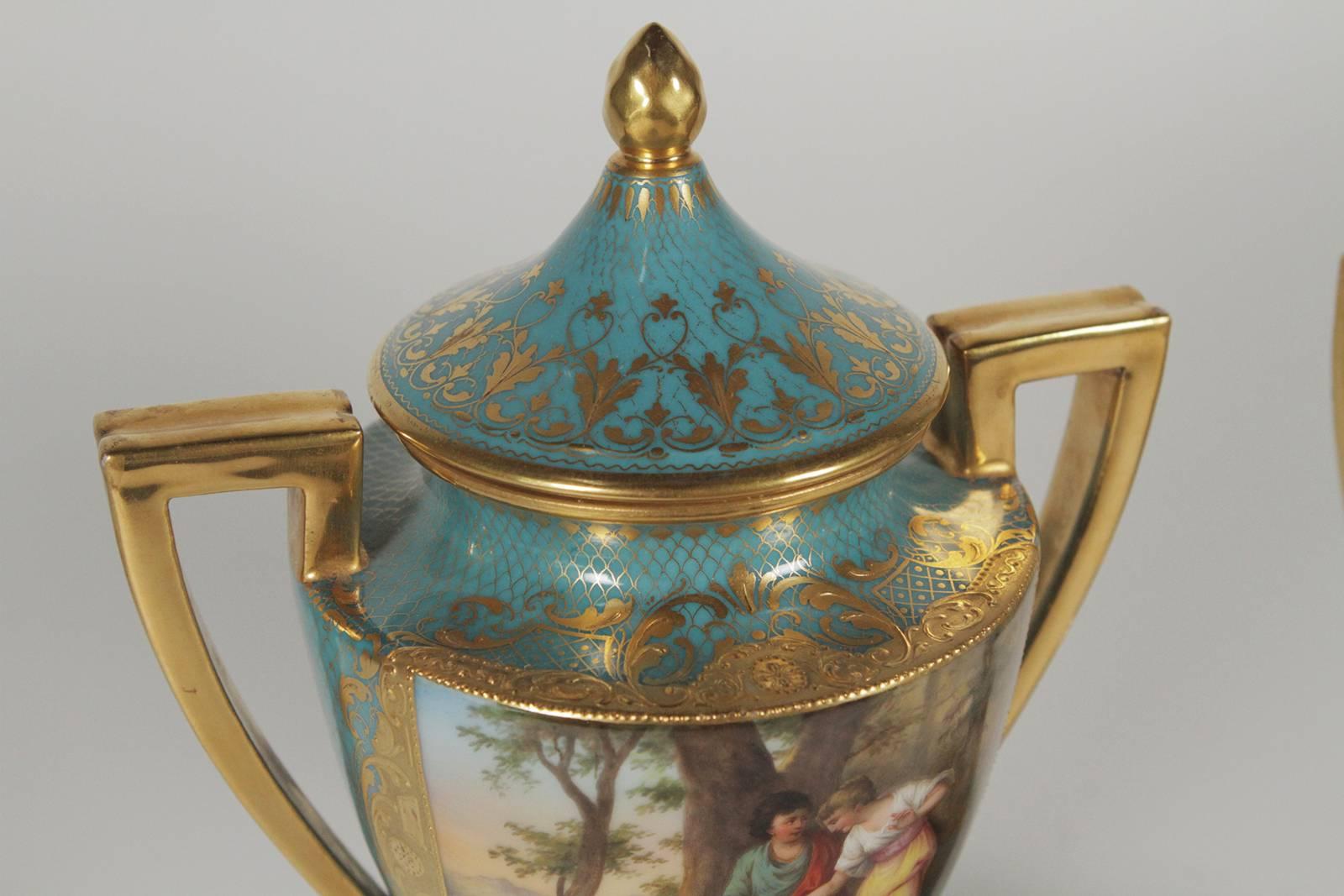 Aesthetic Movement Pair of Late 19th Century Hand-Painted and Gilt Urns