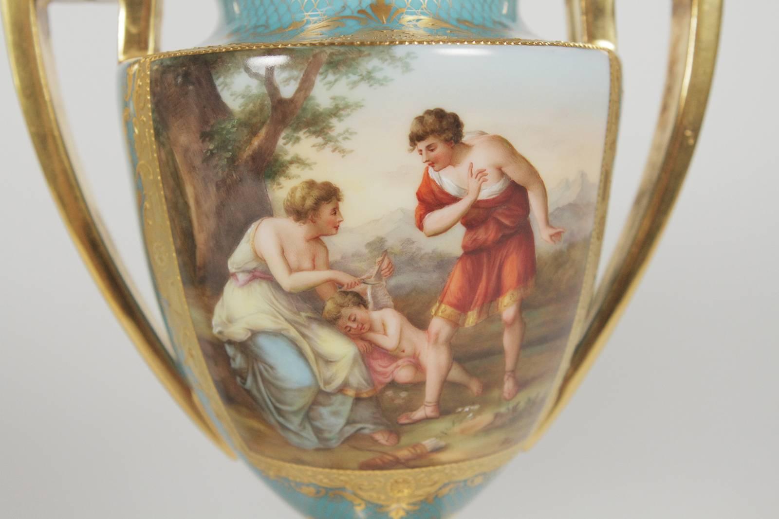Porcelain Pair of Late 19th Century Hand-Painted and Gilt Urns