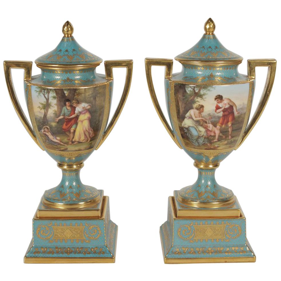 Pair of Late 19th Century Hand-Painted and Gilt Urns