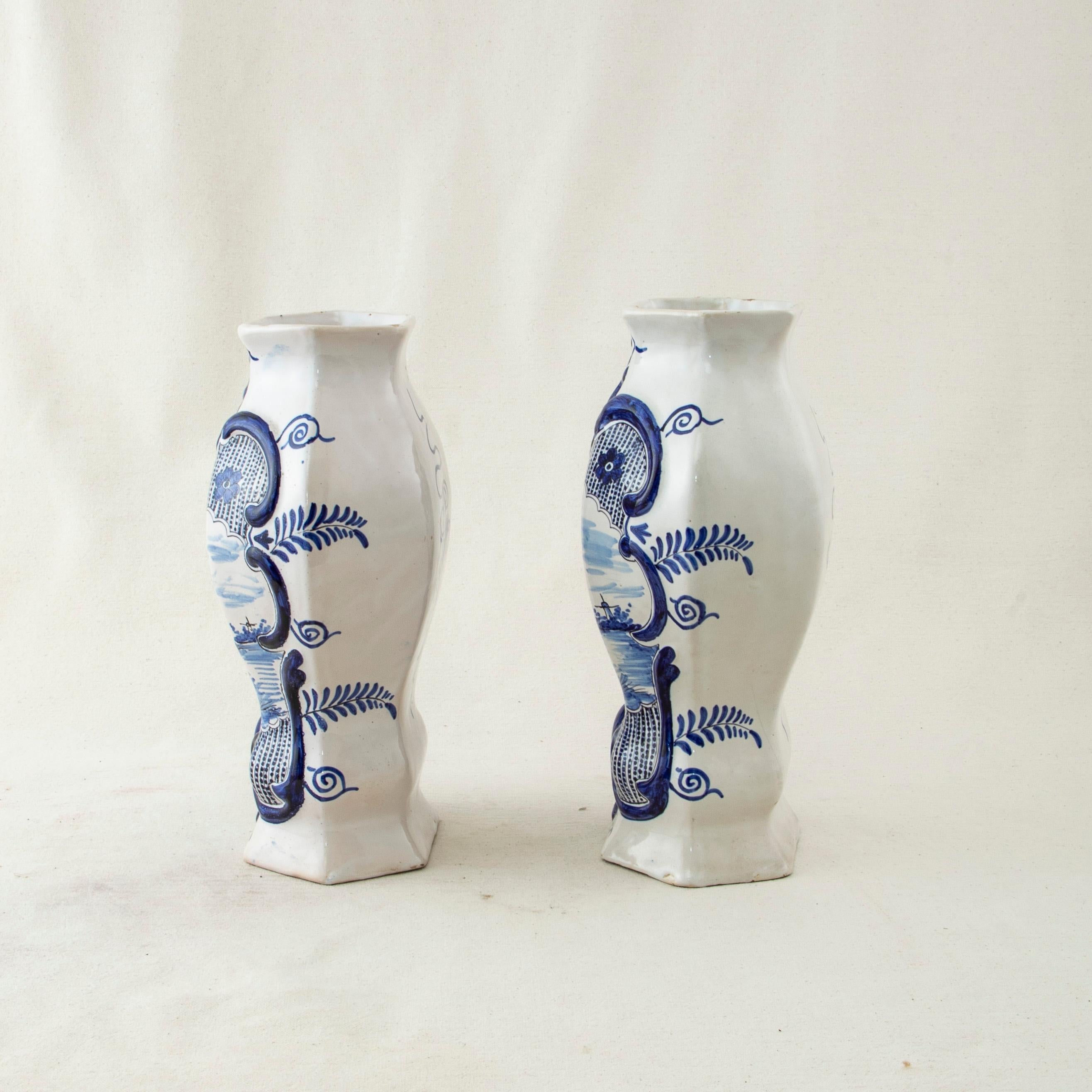 Dutch Pair of Late 19th Century Hand-Painted Blue and White Porcelain Delft Vases