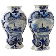 Pair of Late 19th Century Hand-Painted Blue and White Porcelain Delft Vases