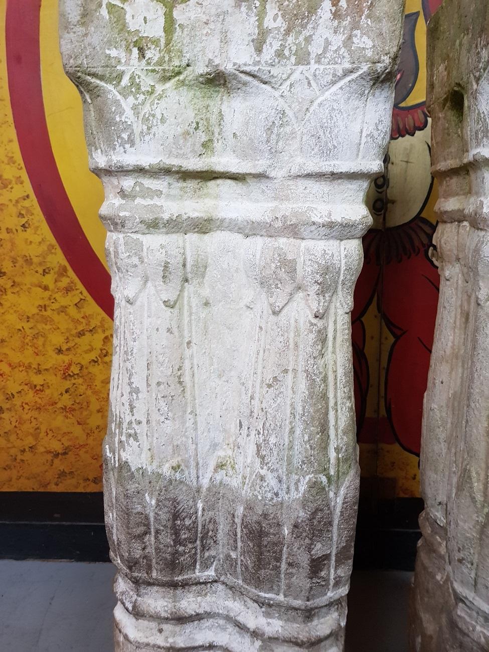 European Pair of Late 19th Century Handcut Sandstone Pillars with Old White Paint For Sale