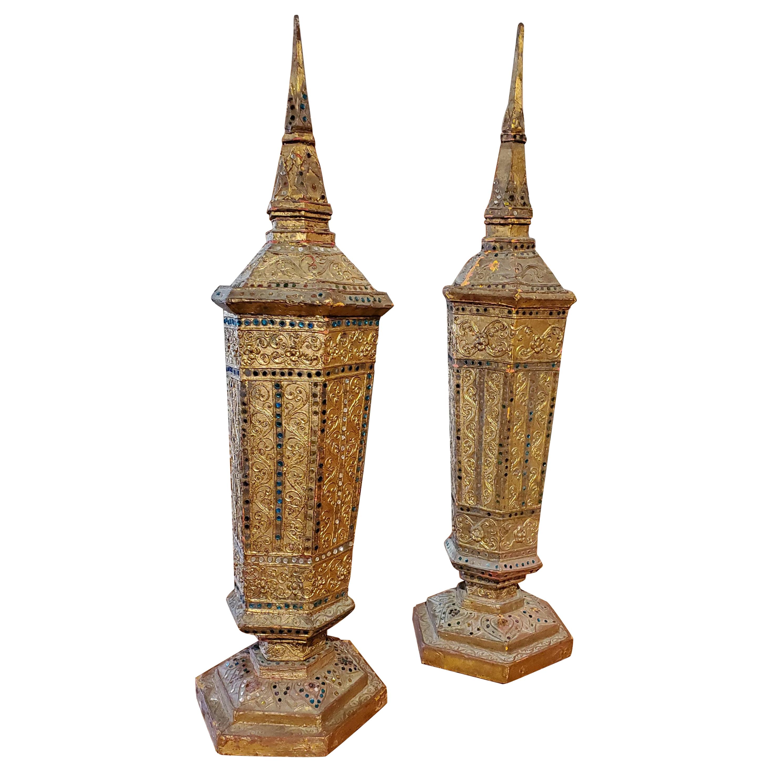 Pair of Late 19th Century Gold Gilt Hexagonal Decorative Thai Urns