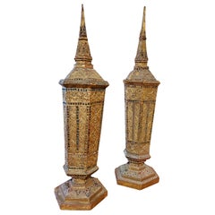 Antique Pair of Late 19th Century Gold Gilt Hexagonal Decorative Thai Urns