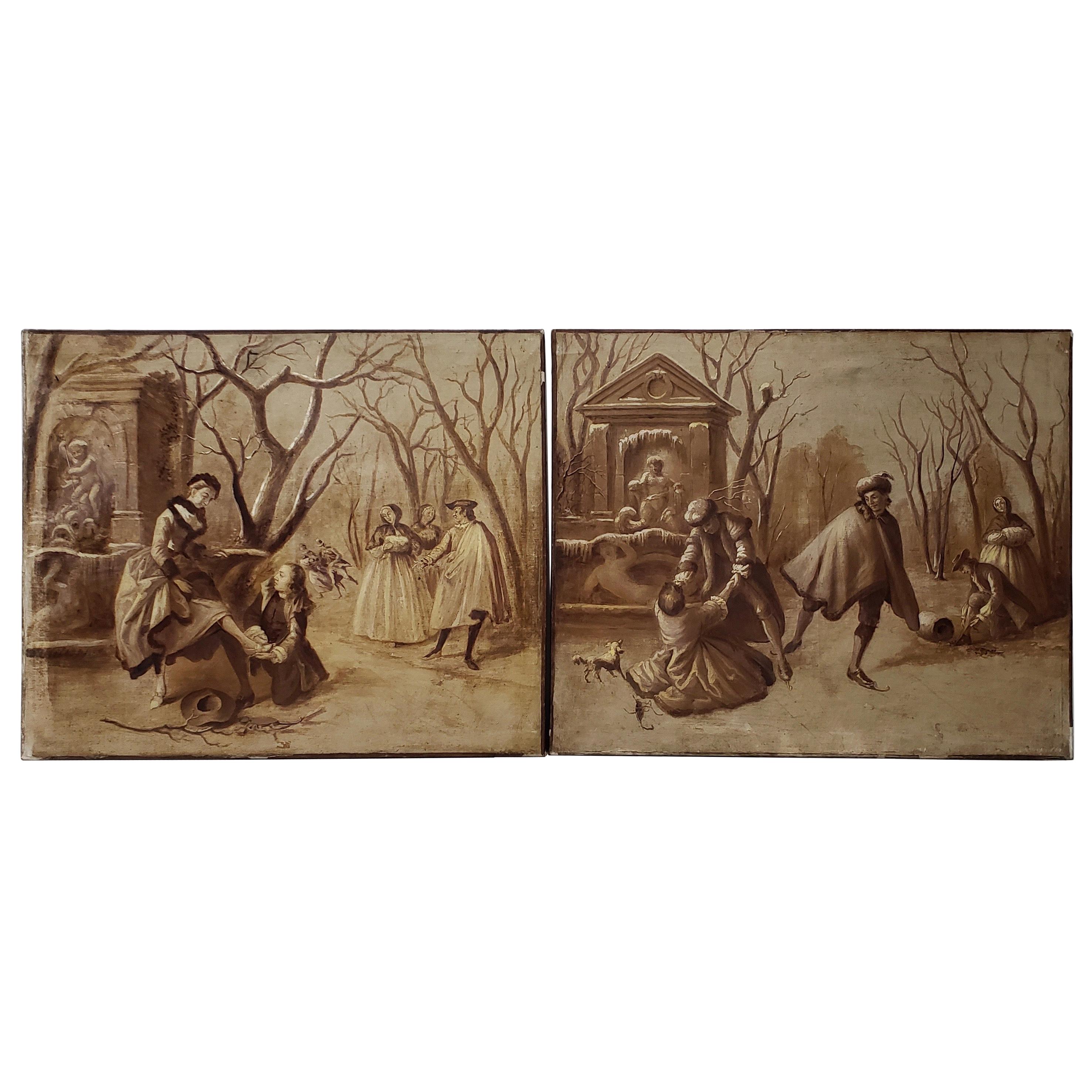 Pair of Late 19th Century "Ice Skating" Original European Oil Paintings