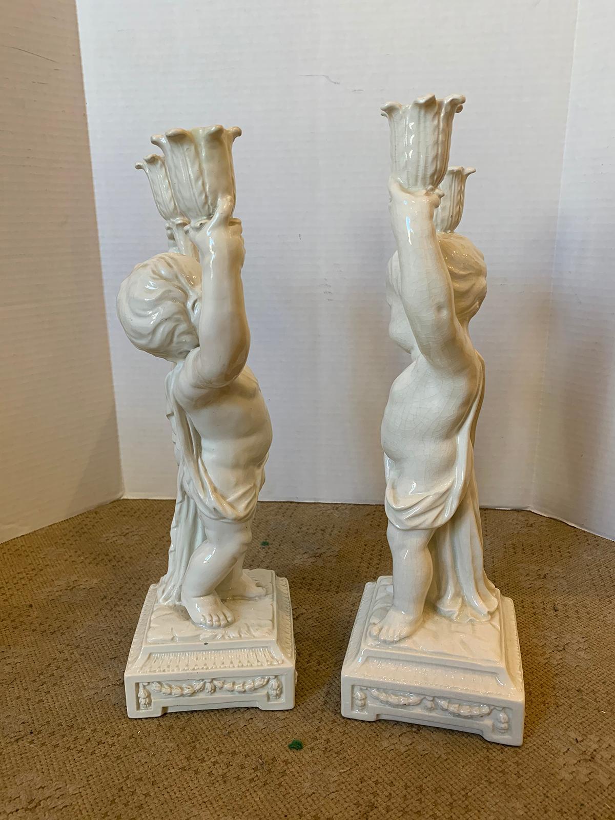 Pair of Late 19th Century Italian Creamware Putti Two-Arm Candelabras 7