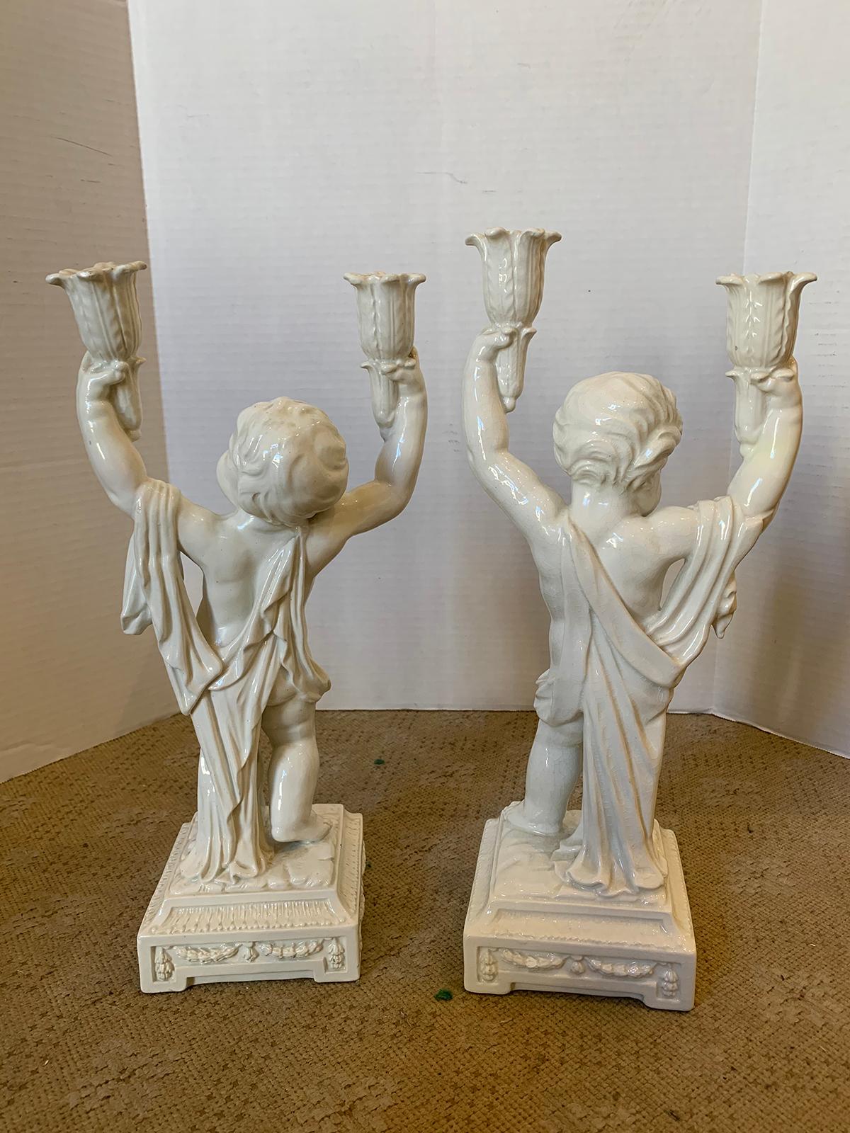 Pair of Late 19th Century Italian Creamware Putti Two-Arm Candelabras 8