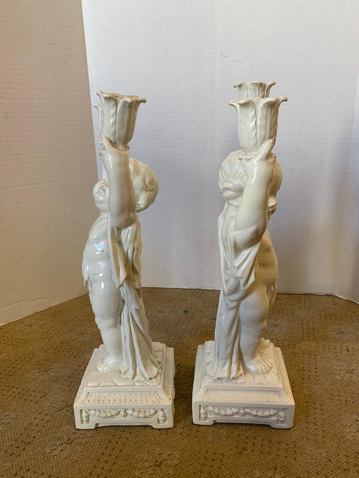 Pair of Late 19th Century Italian Creamware Putti Two-Arm Candelabras 9