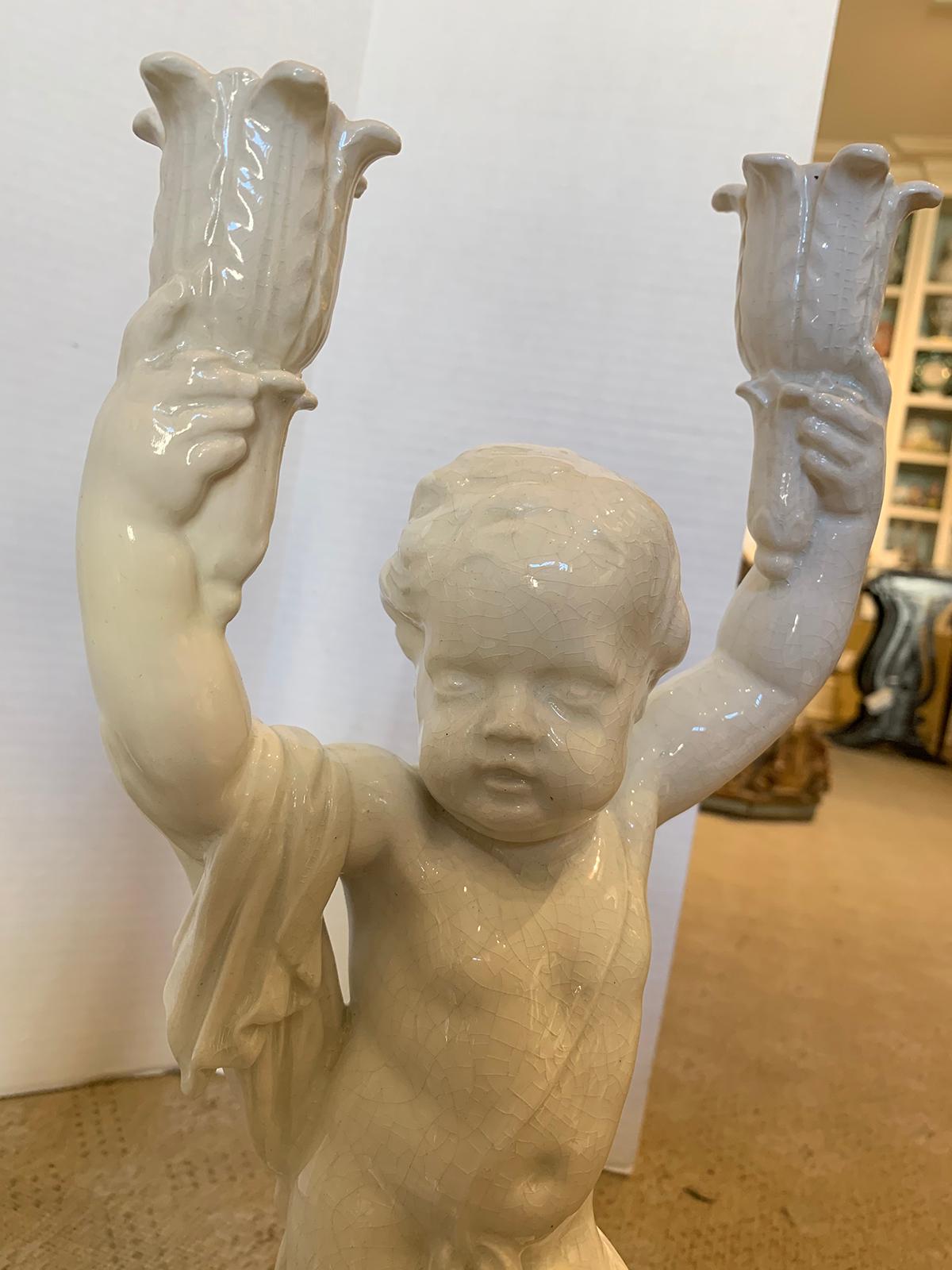 Pair of Late 19th Century Italian Creamware Putti Two-Arm Candelabras 10
