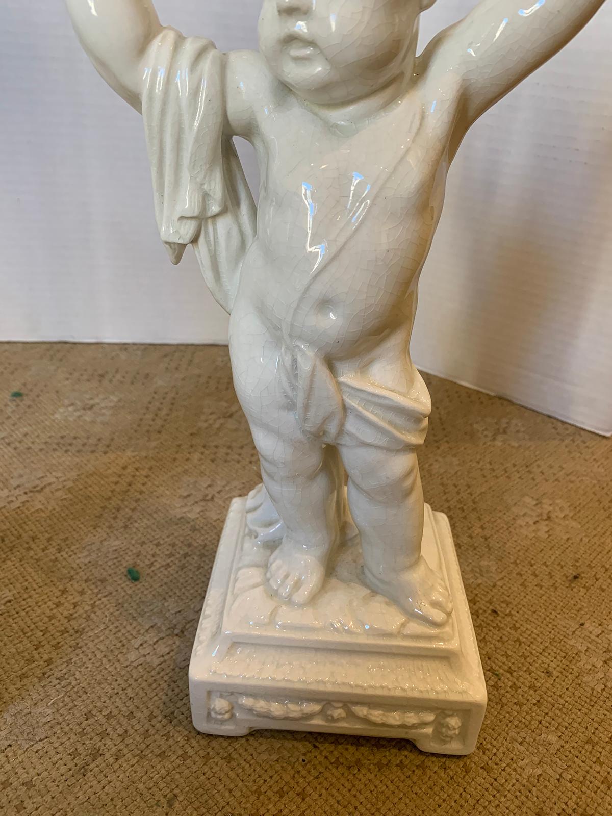 Pair of Late 19th Century Italian Creamware Putti Two-Arm Candelabras 12