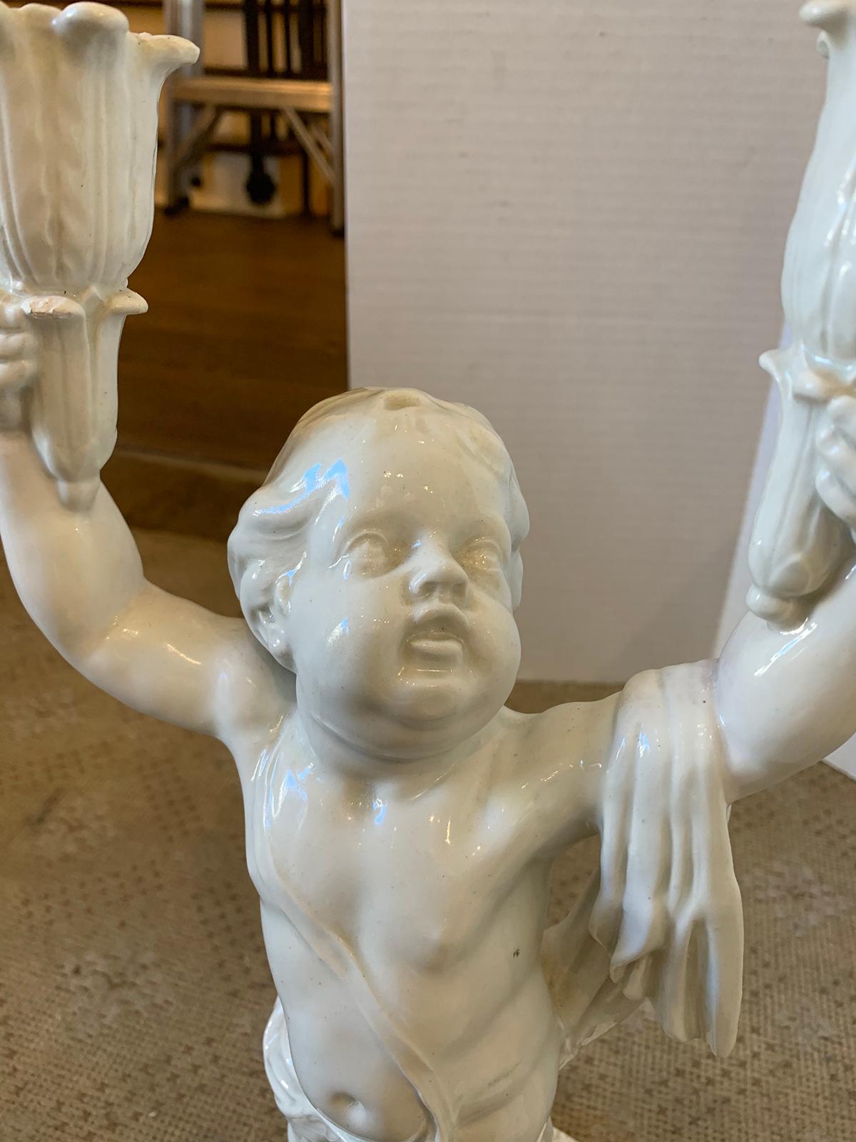 Pair of Late 19th Century Italian Creamware Putti Two-Arm Candelabras 14