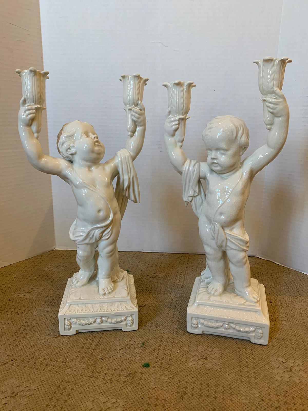 Pair of Late 19th Century Italian Creamware Putti Two-Arm Candelabras 1