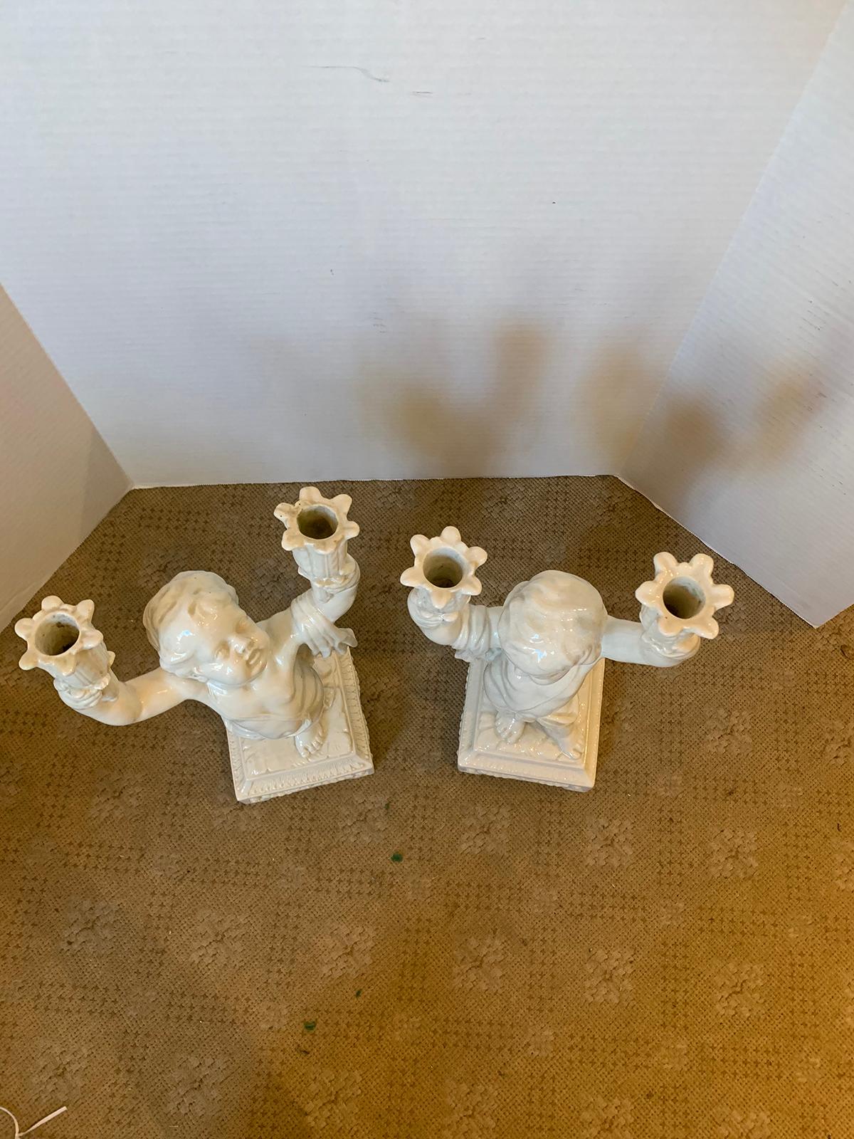 Pair of Late 19th Century Italian Creamware Putti Two-Arm Candelabras 3