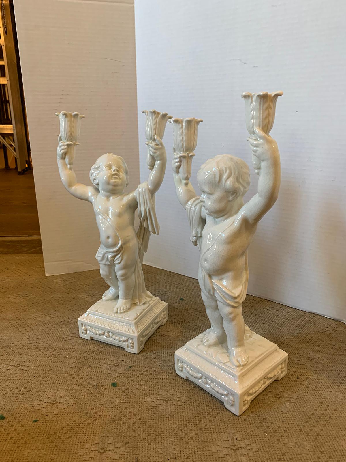 Pair of Late 19th Century Italian Creamware Putti Two-Arm Candelabras 4