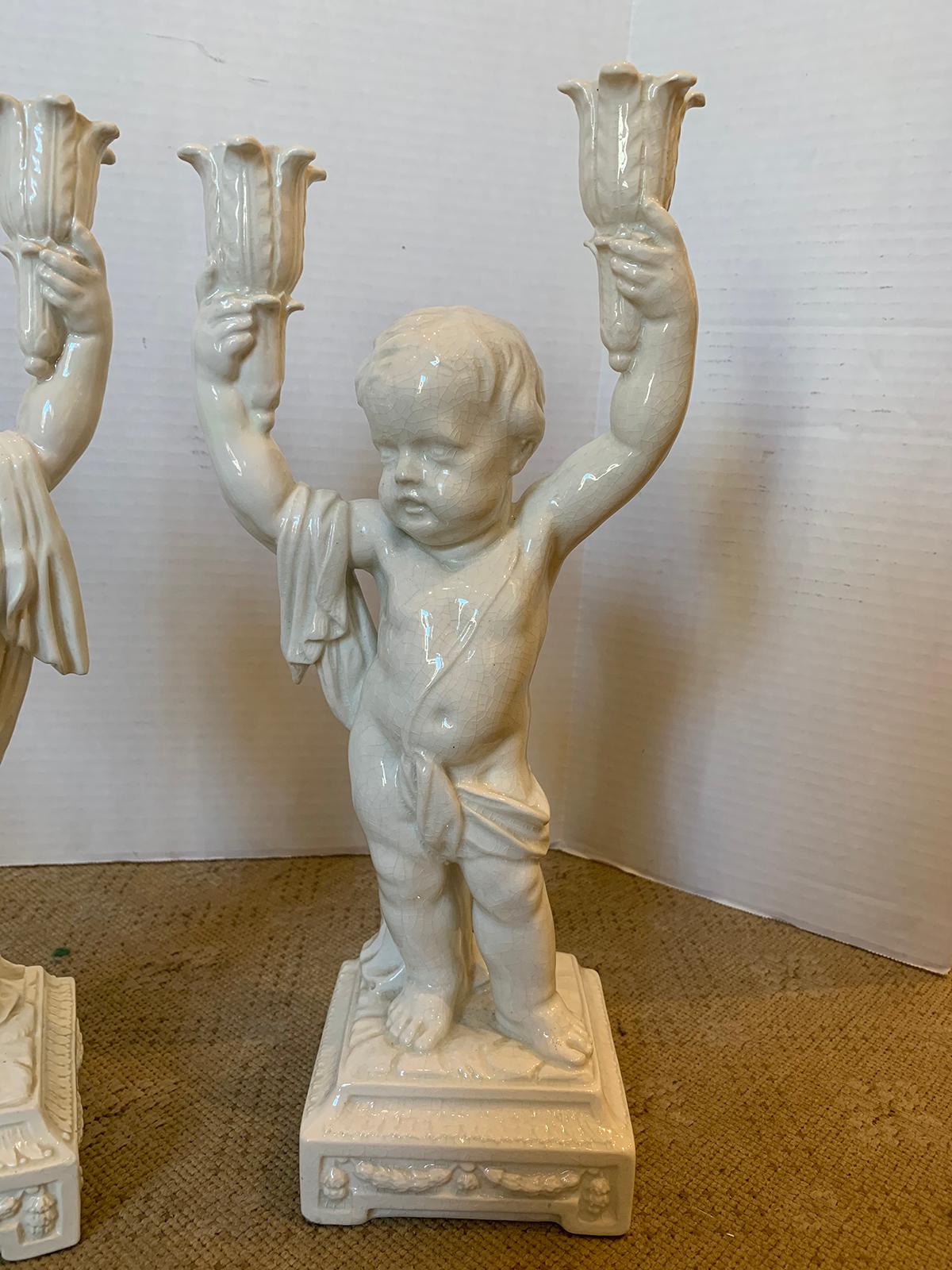 Pair of Late 19th Century Italian Creamware Putti Two-Arm Candelabras 5