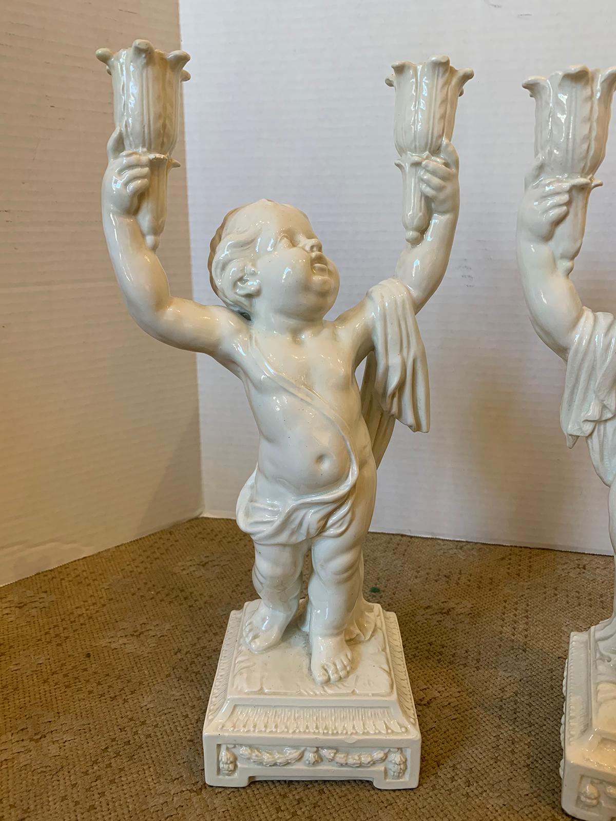 Pair of Late 19th Century Italian Creamware Putti Two-Arm Candelabras 6