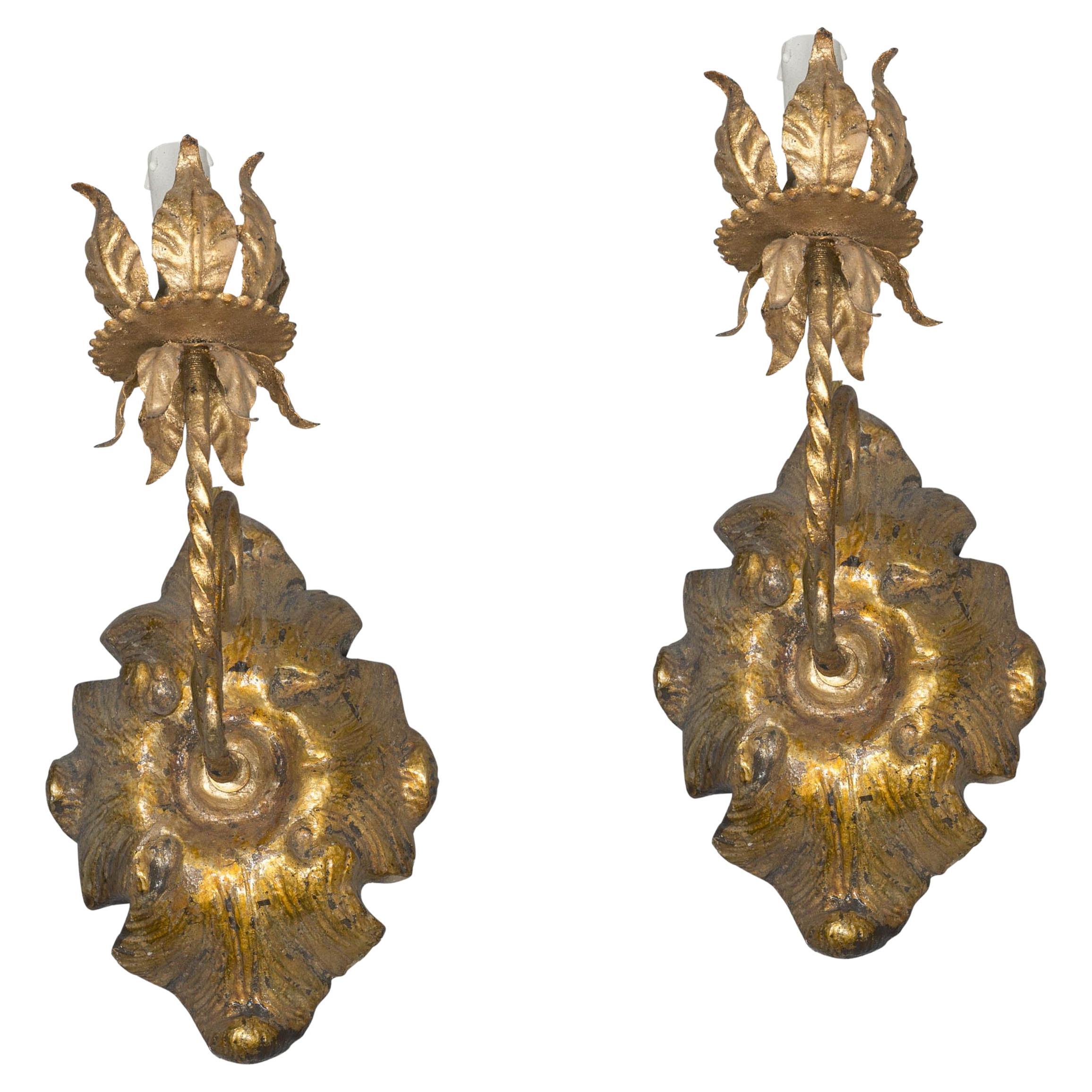 Pair of late 19th century Italian Giltwood and Iron Wall Sconces For Sale