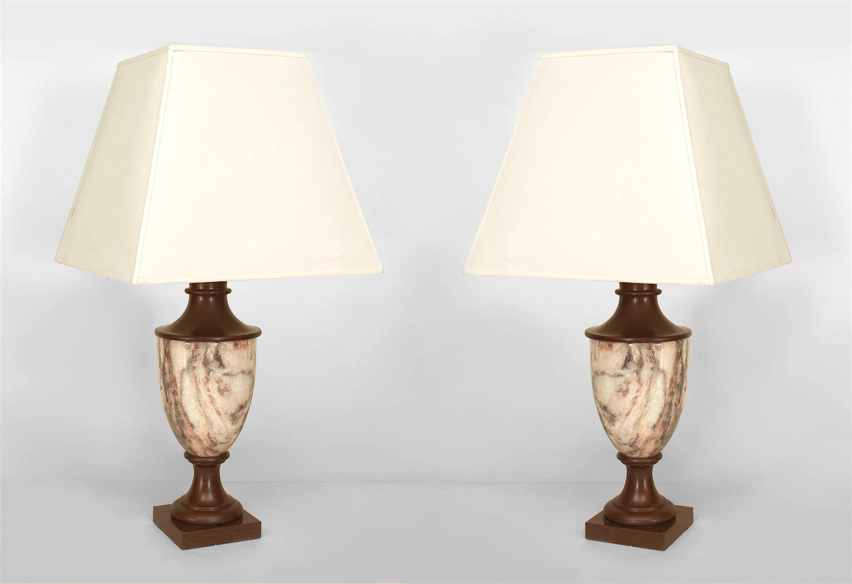 Pair of turn of the century Italian Neoclassical table lamps with vase form bases composed of quartz striated marble set rosso tops and square bases.