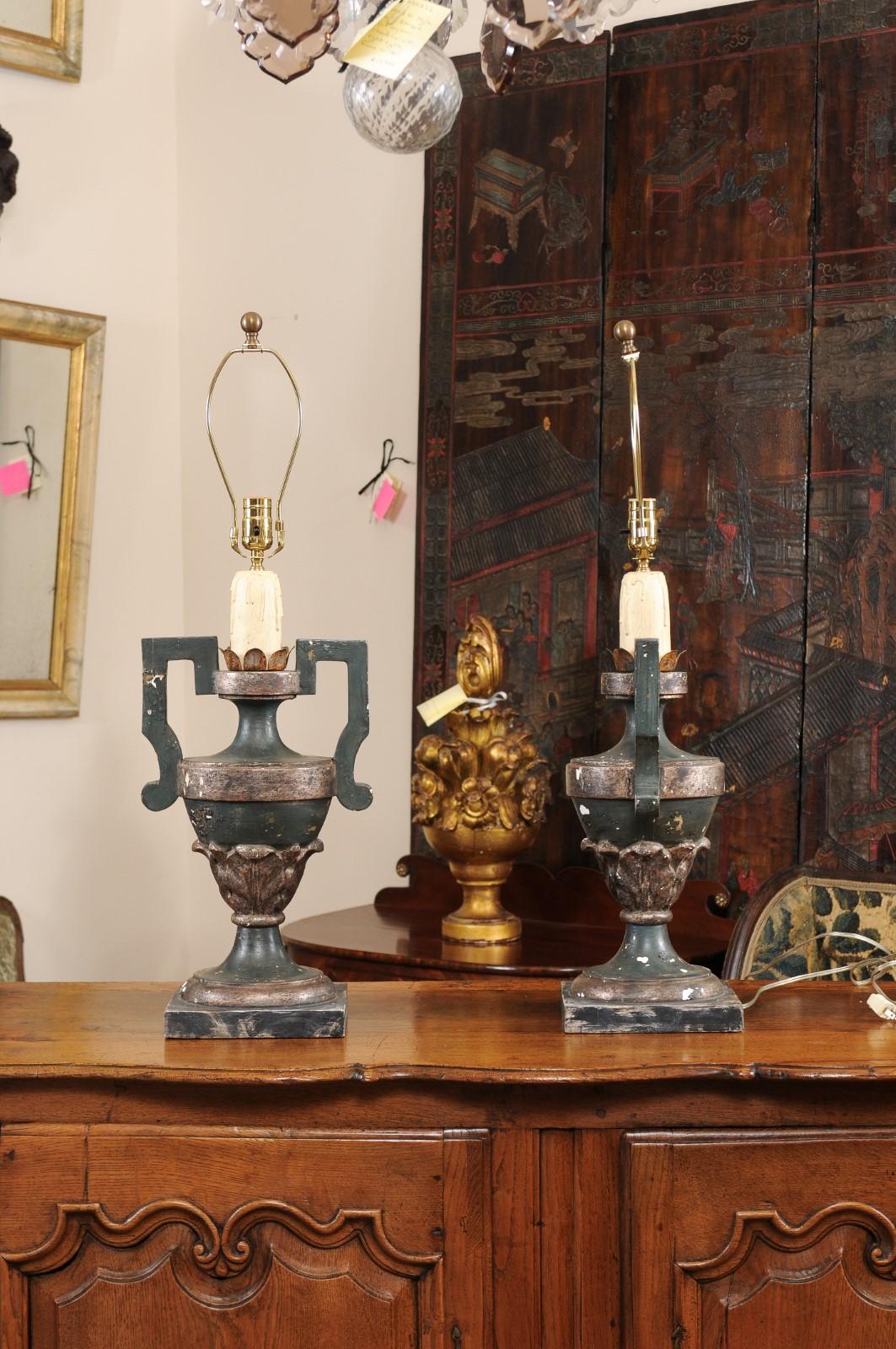 Pair of Late 19th Century Italian Painted Urn Lamps 4