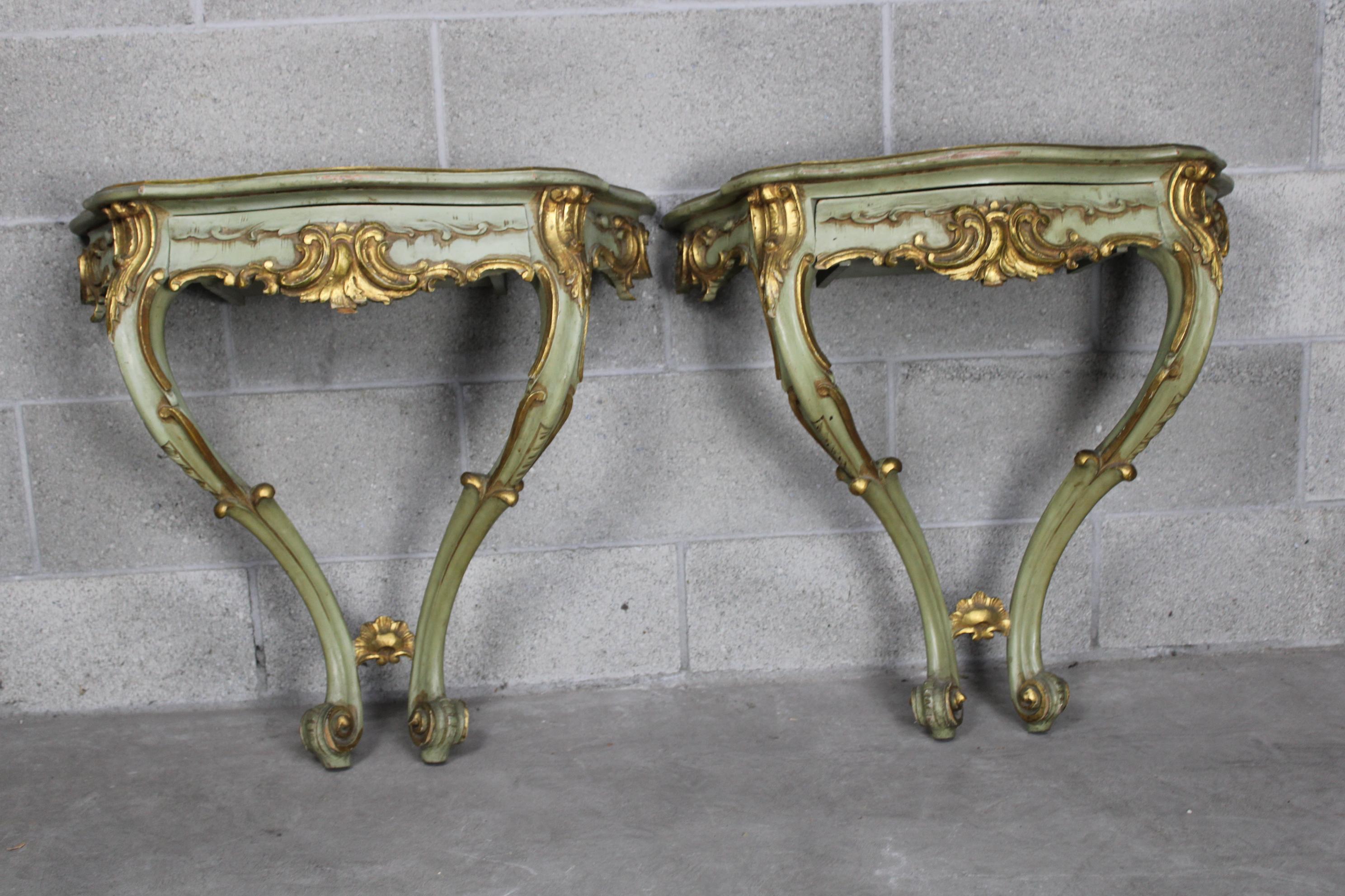Pair of Venetian Gilded Console Tables circa 1870 Italy 3