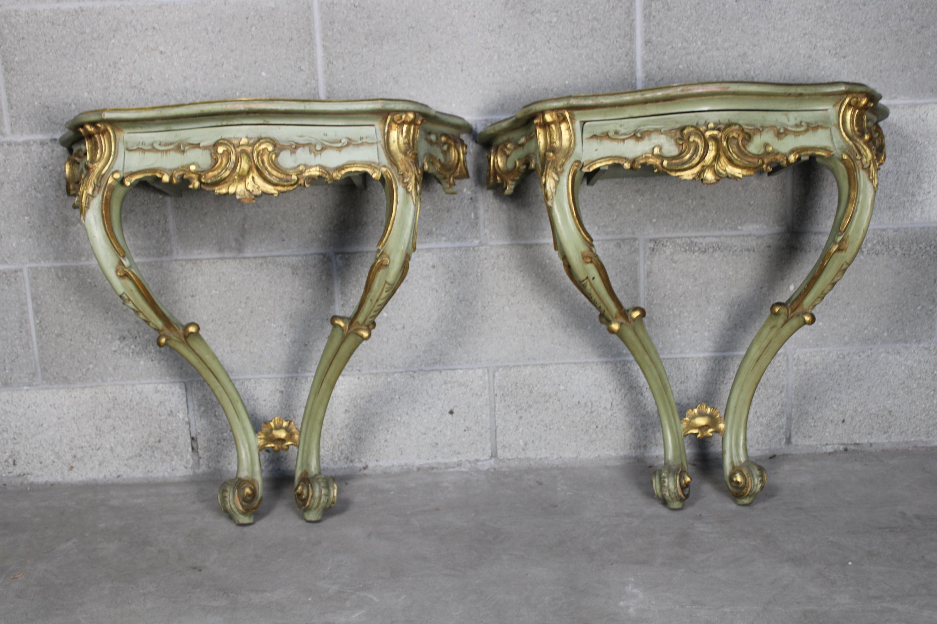 Pair of Venetian Gilded Console Tables circa 1870 Italy 4