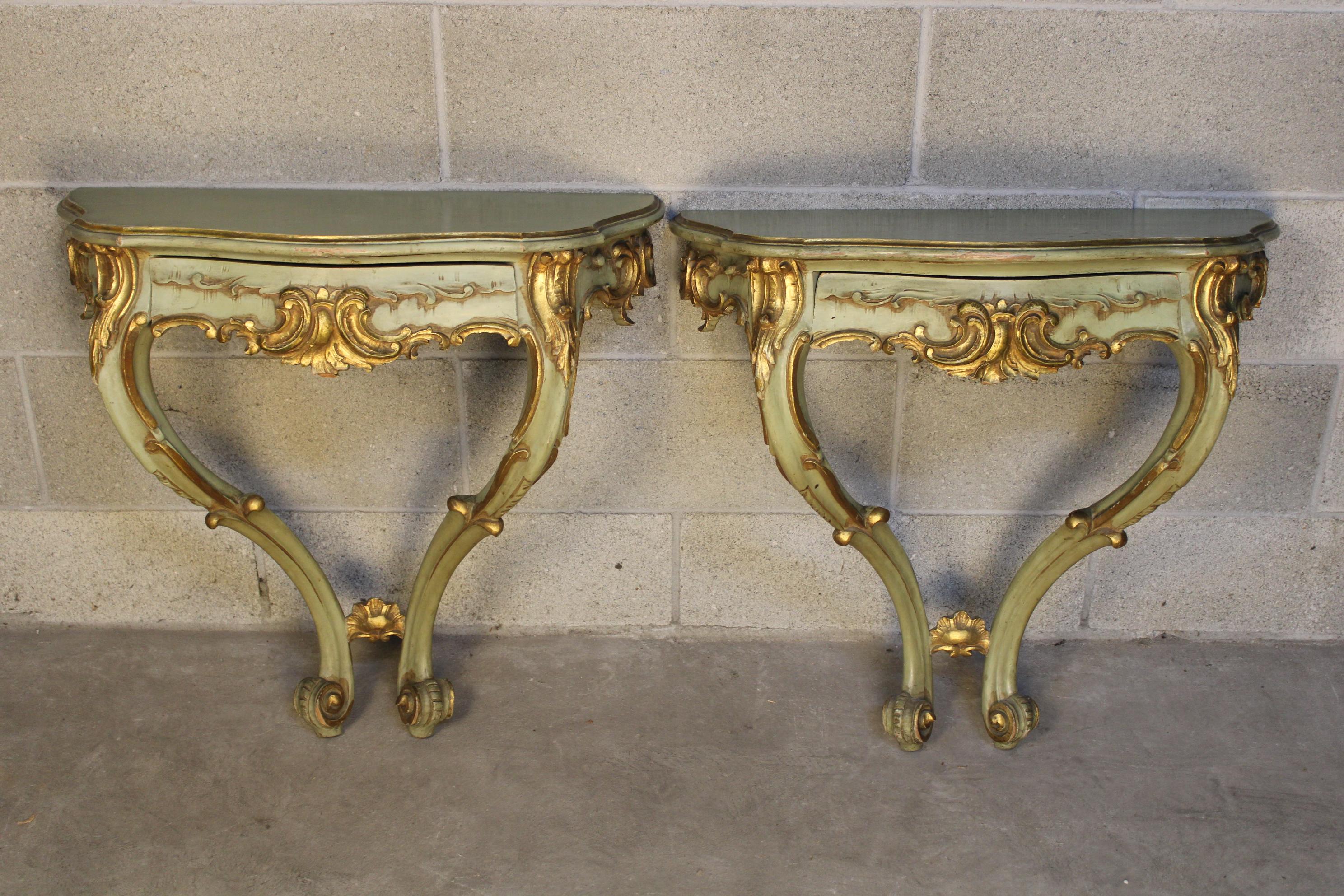 Pair of Venetian Gilded Console Tables circa 1870 Italy 11
