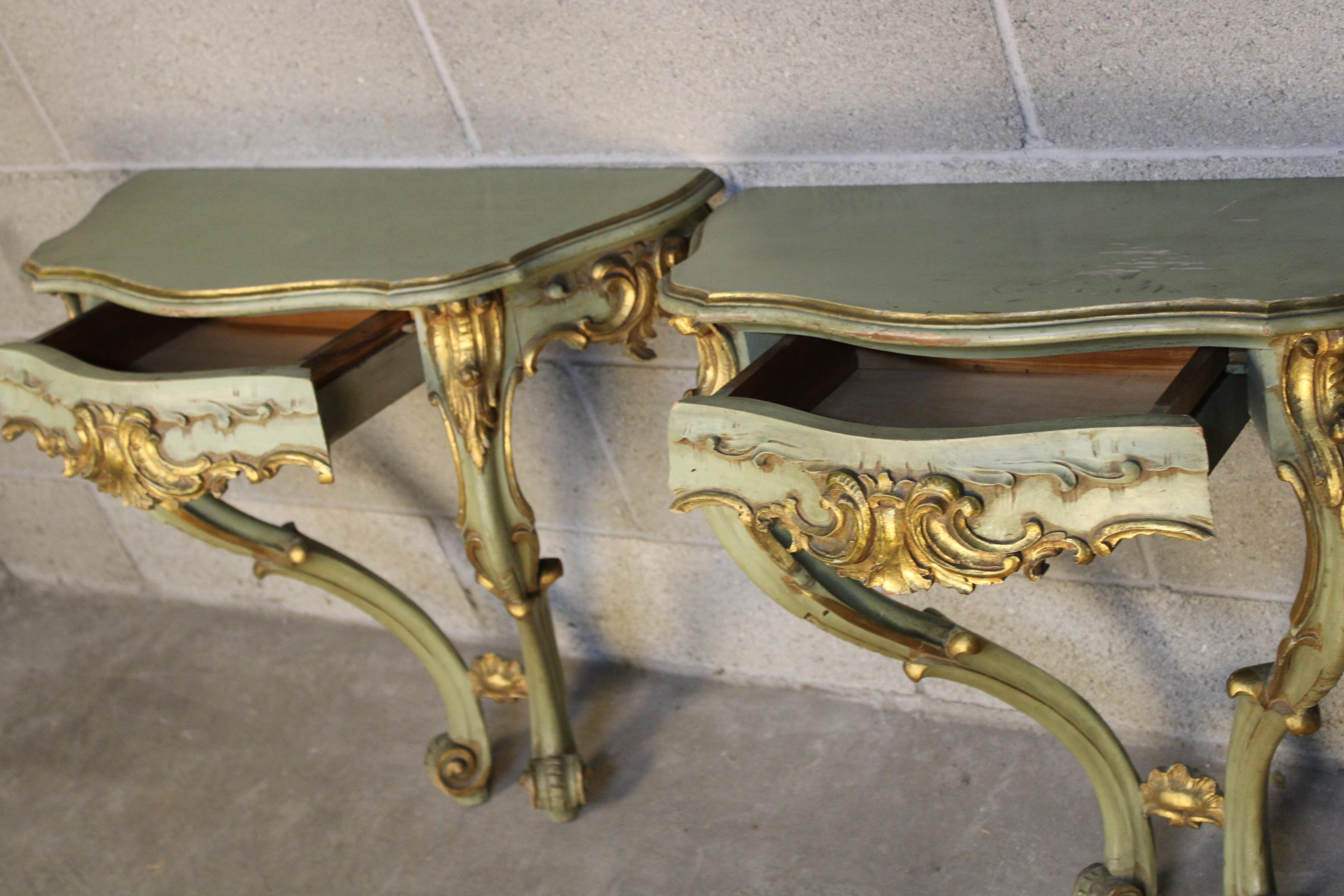 Pair of Late 19th century Italian Venetian gilded console tables.
Pair of Venetian console table in gilded, lacquered and painted with floral decorations wood. Hand carved. Circa 1850-1870 Venice, Italy / To hang on the wall, that can be easily