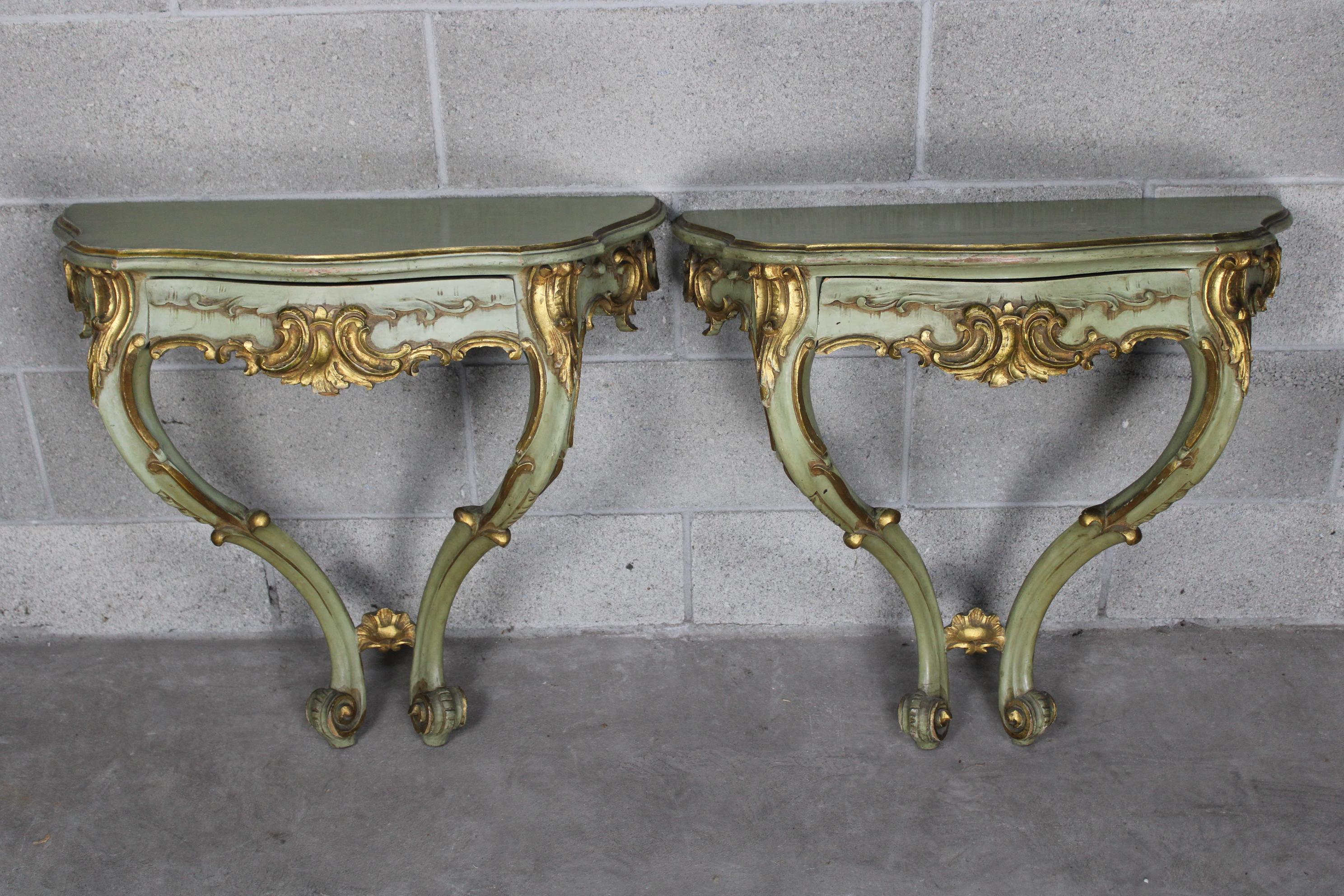Rococo Pair of Venetian Gilded Console Tables circa 1870 Italy