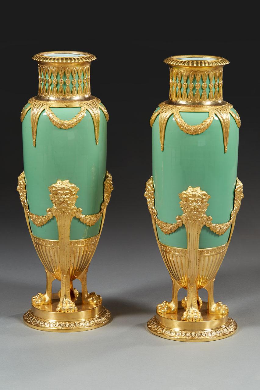 Pair of Late 19th Century Jade Green Opaline and Gilded Brass Vases For Sale 3