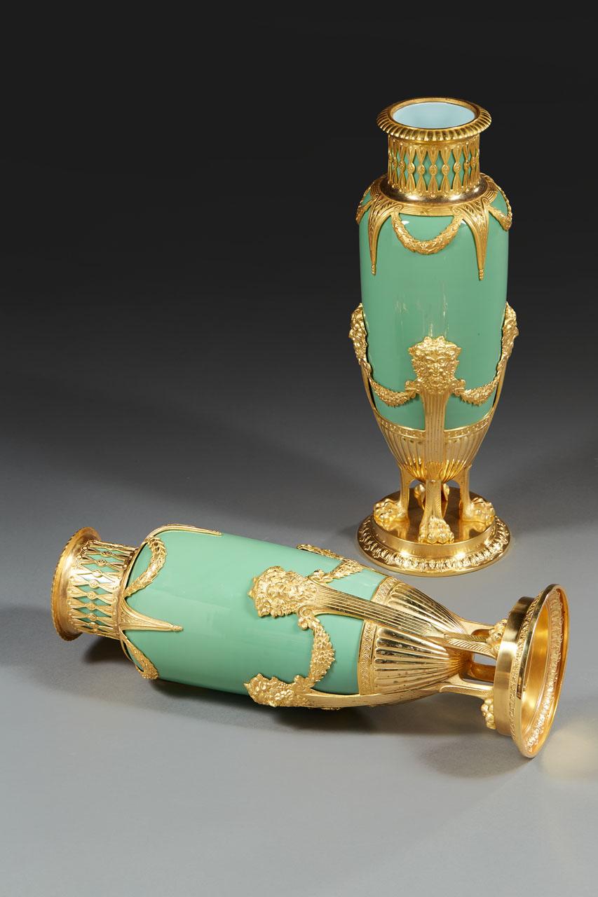 Pair of Late 19th Century Jade Green Opaline and Gilded Brass Vases For Sale 4