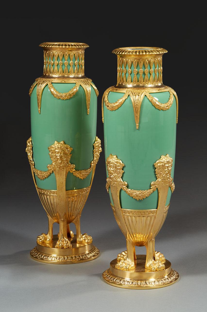 Napoleon III Pair of Late 19th Century Jade Green Opaline and Gilded Brass Vases For Sale