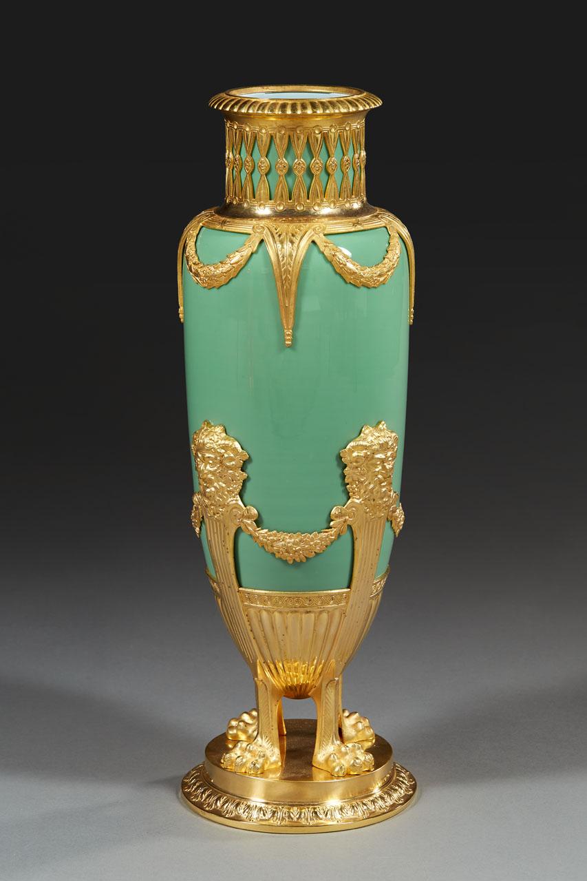 French Pair of Late 19th Century Jade Green Opaline and Gilded Brass Vases For Sale