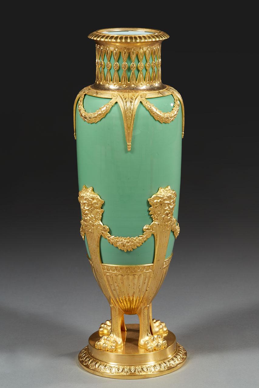 Gilt Pair of Late 19th Century Jade Green Opaline and Gilded Brass Vases For Sale
