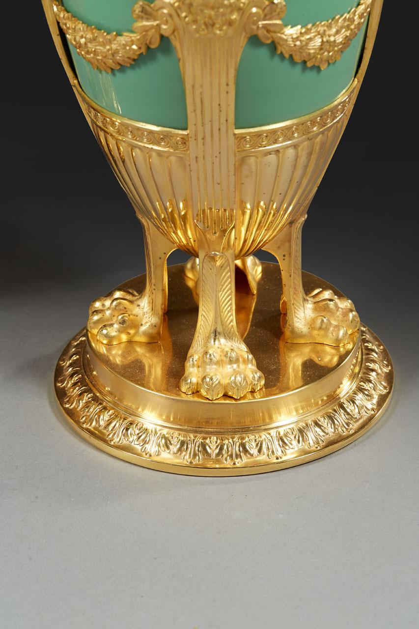 Pair of Late 19th Century Jade Green Opaline and Gilded Brass Vases For Sale 1