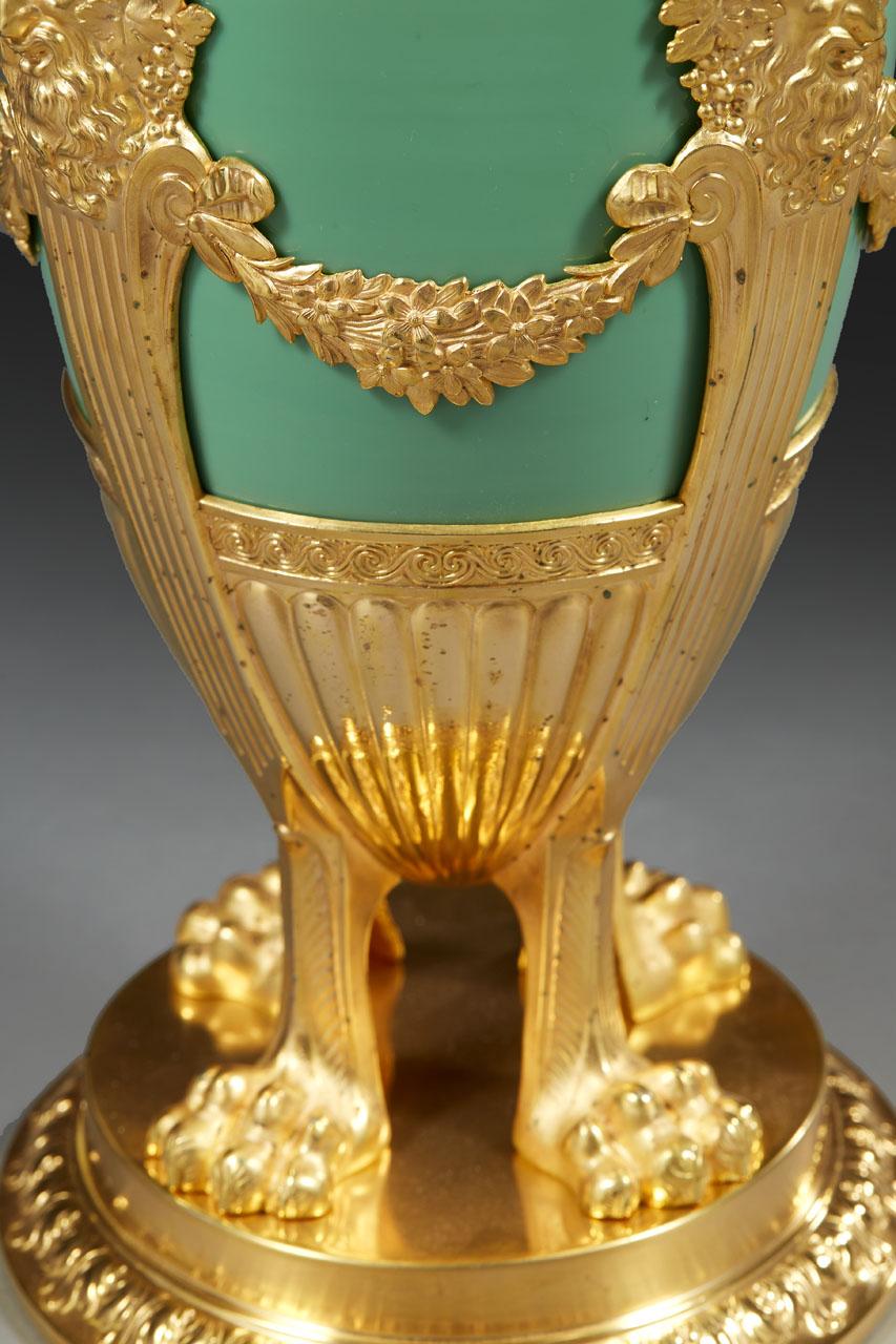 Pair of Late 19th Century Jade Green Opaline and Gilded Brass Vases For Sale 2