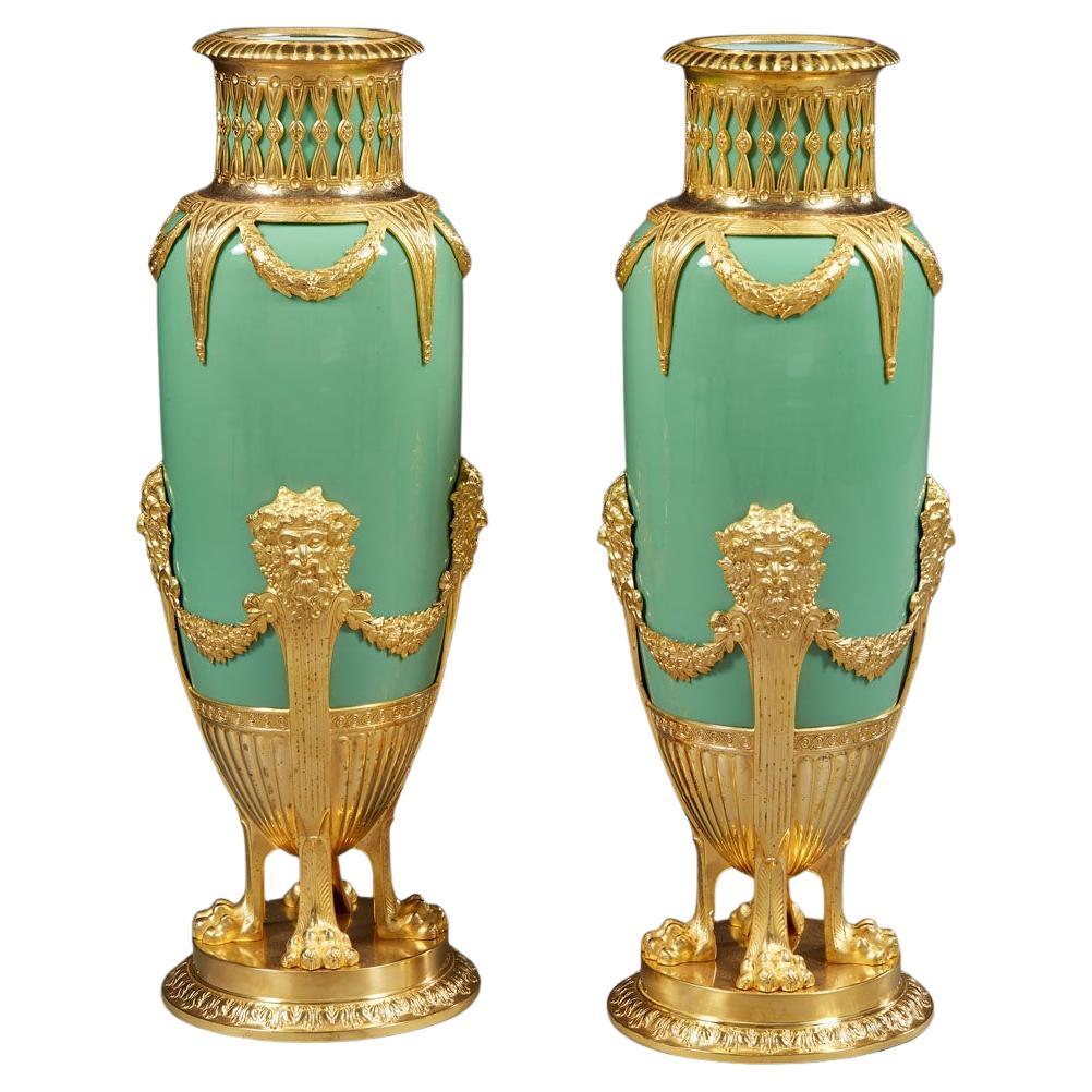 Pair of Late 19th Century Jade Green Opaline and Gilded Brass Vases