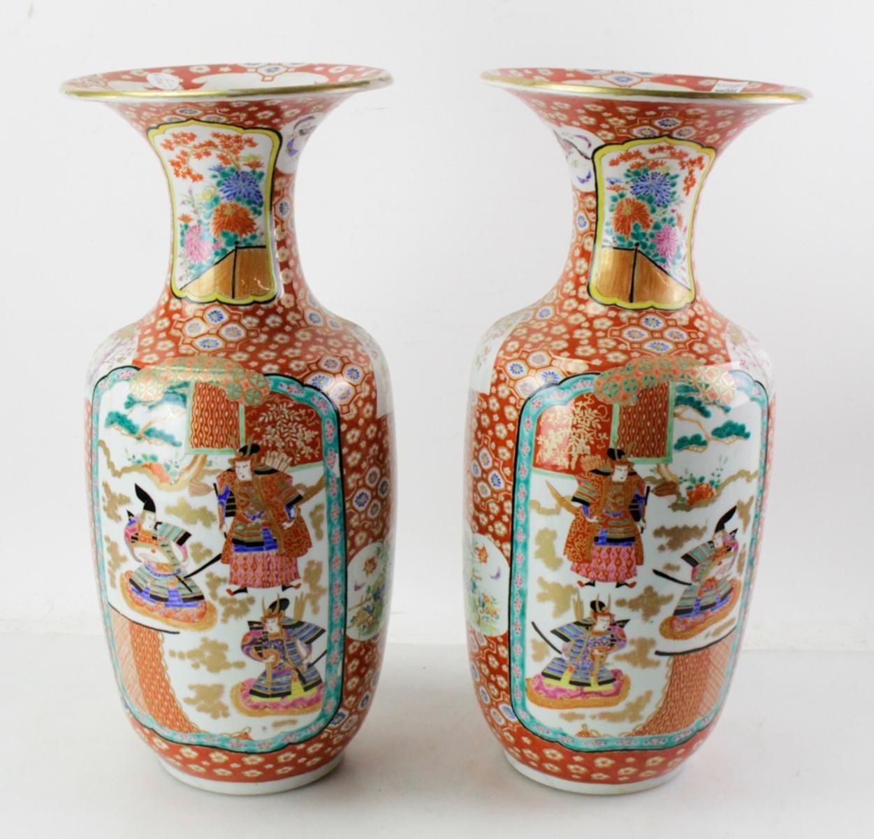 Beautiful pair of Late 19th Century Japanese porcelain vases showcasing a mesmerizing blend of artistic depictions and cultural storytelling. Adorned with vivid depictions of Samurai soldiers amidst intricate floral and botanical motifs, these vases