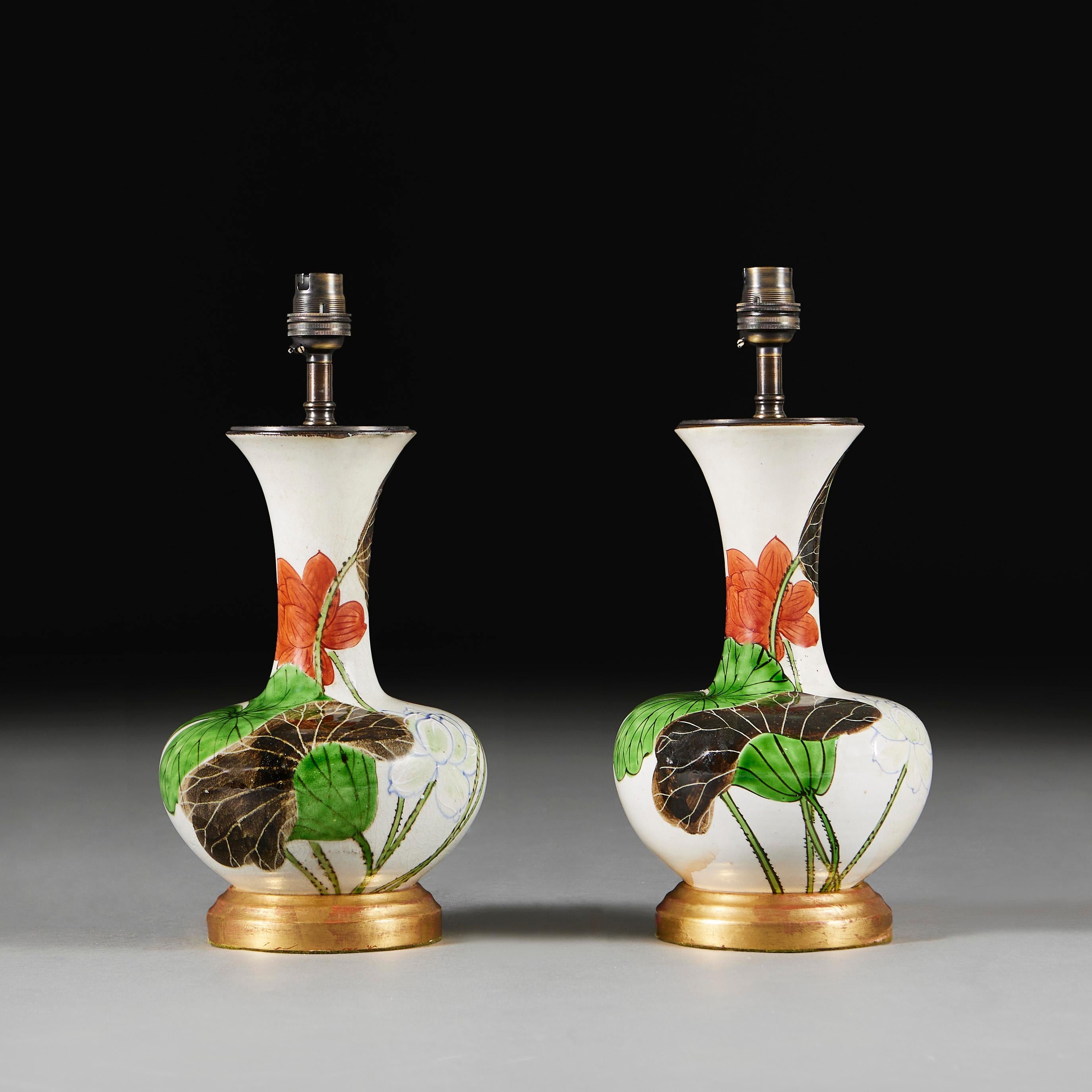 Glazed Pair of Late 19th Century Japanese Vases as Lamps, White, Green, Giltwood Bases