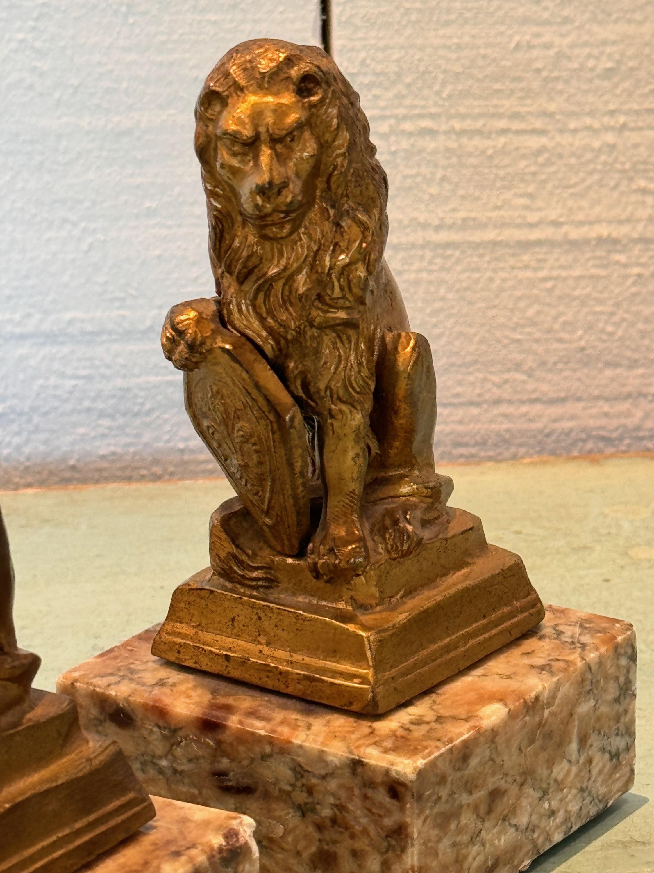 Metal Pair of Late 19th Century Lions on Marble Bases For Sale