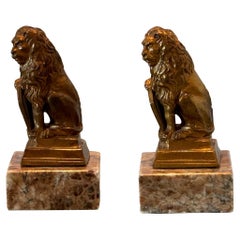 Paire de lions de la fin du 19e siècle sur des bases en marbre