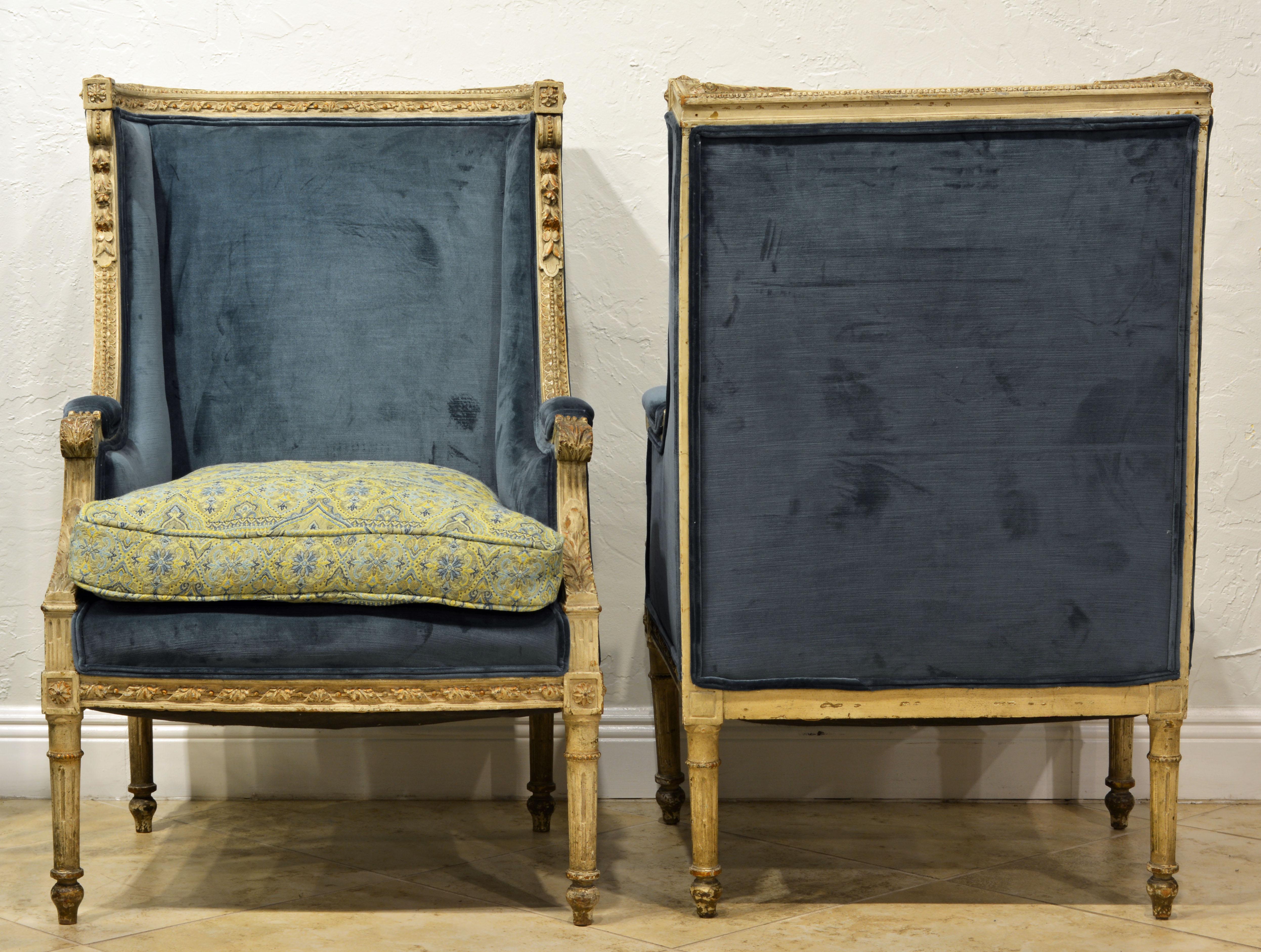 French Pair of Late 19th Century, Louis XVI Style Carved and Painted Bergères