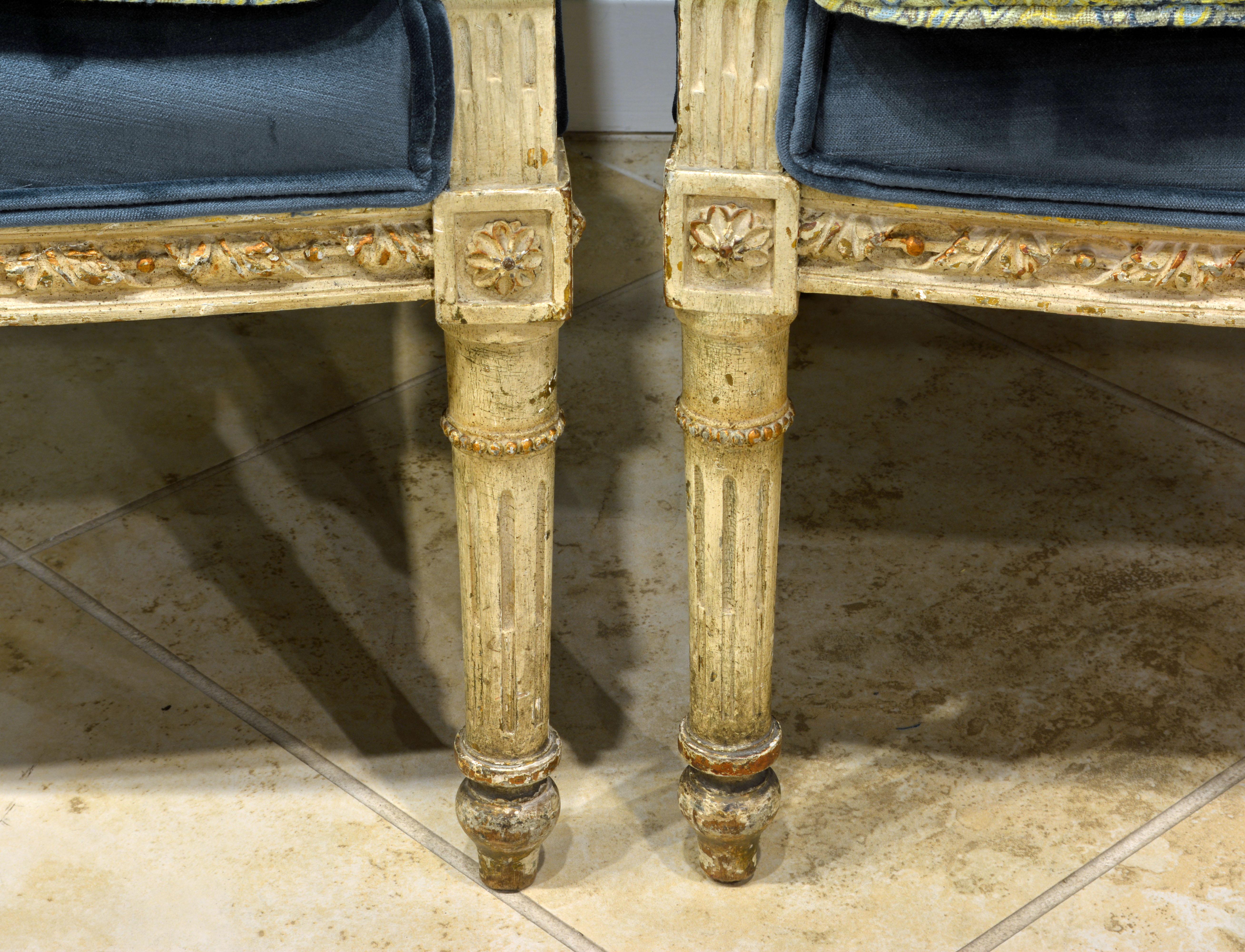 Upholstery Pair of Late 19th Century, Louis XVI Style Carved and Painted Bergères
