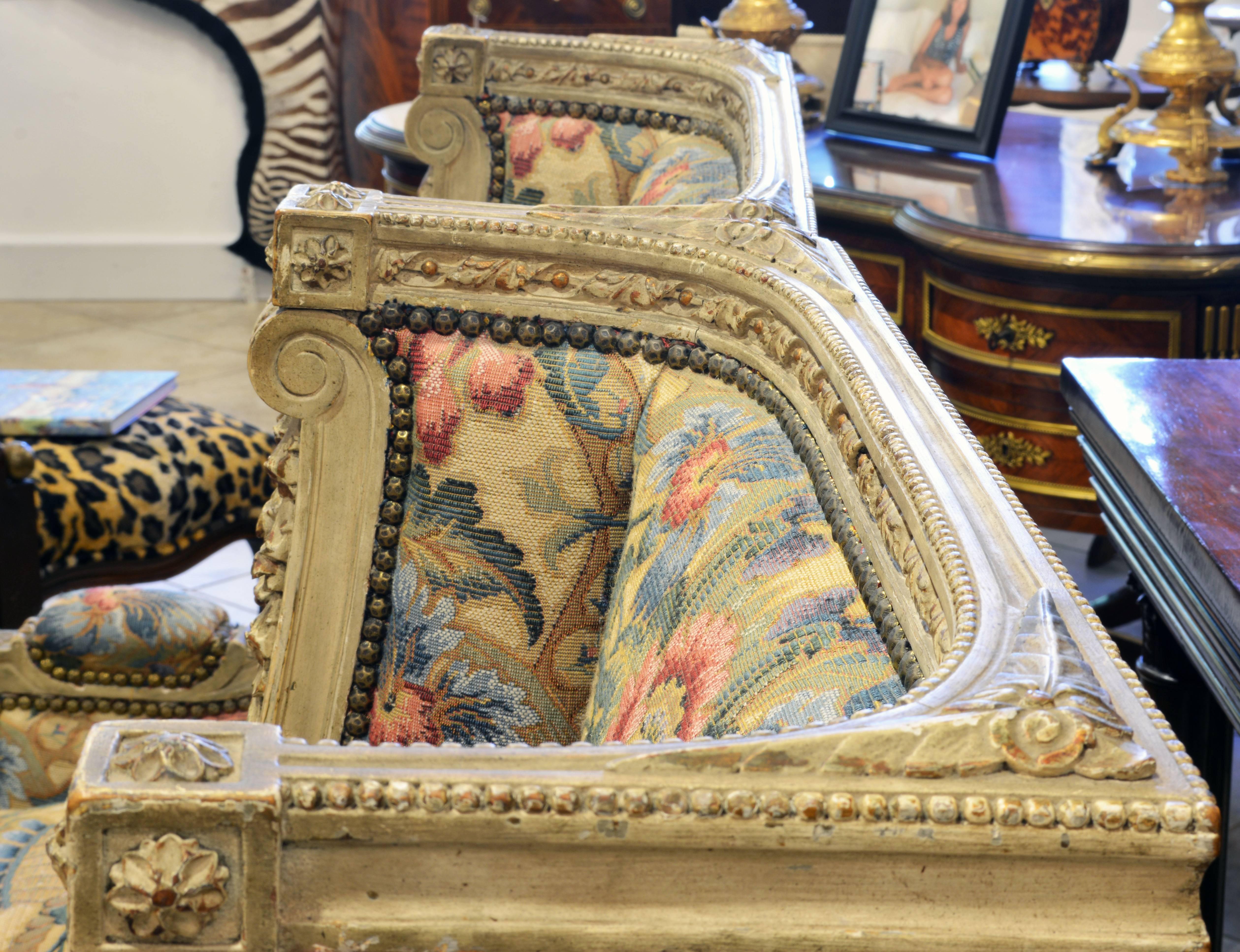 Pair of Late 19th Century, Louis XVI Style Carved Bergeres with Aubusson Cover 6
