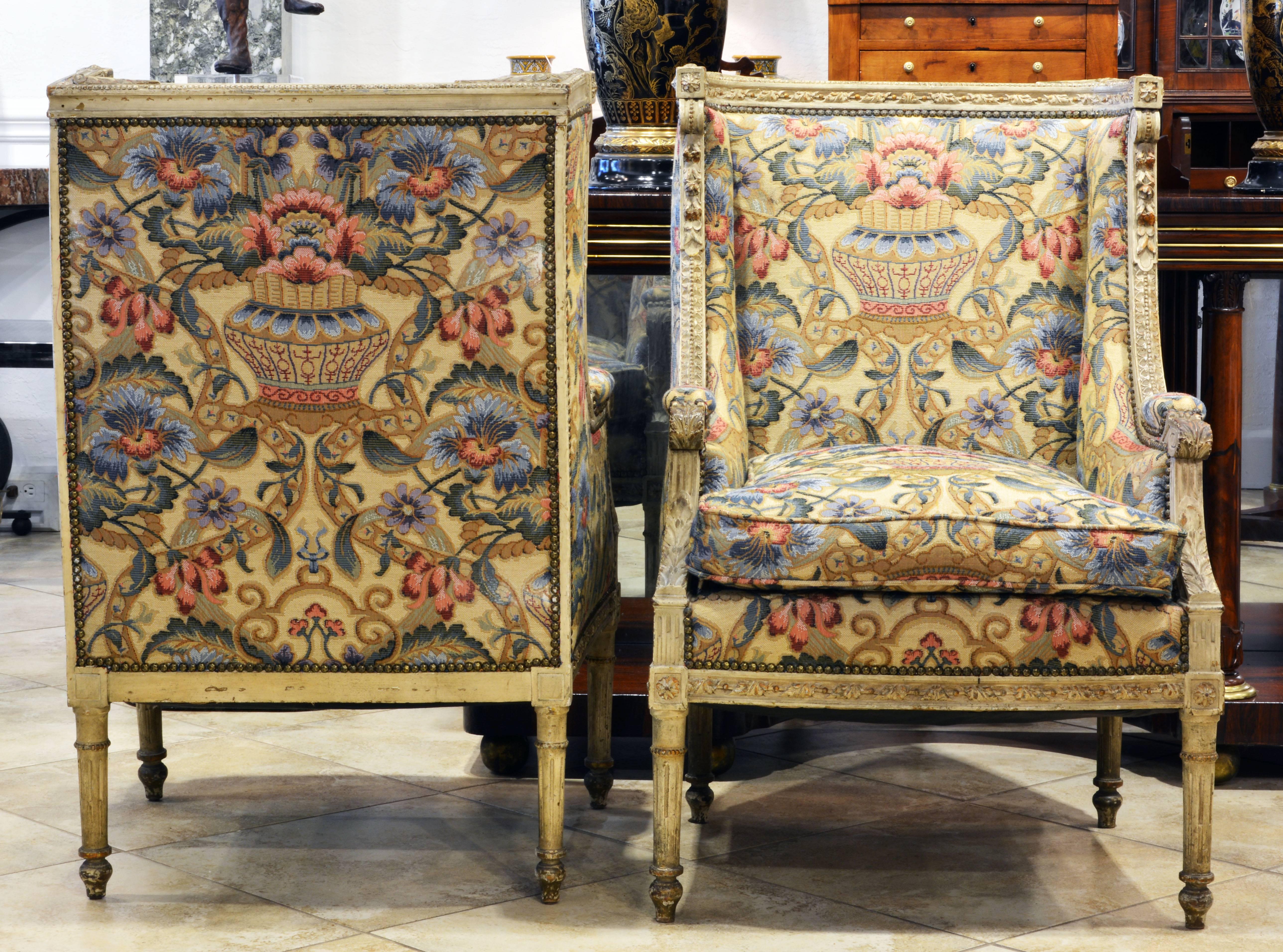 French Pair of Late 19th Century, Louis XVI Style Carved Bergeres with Aubusson Cover