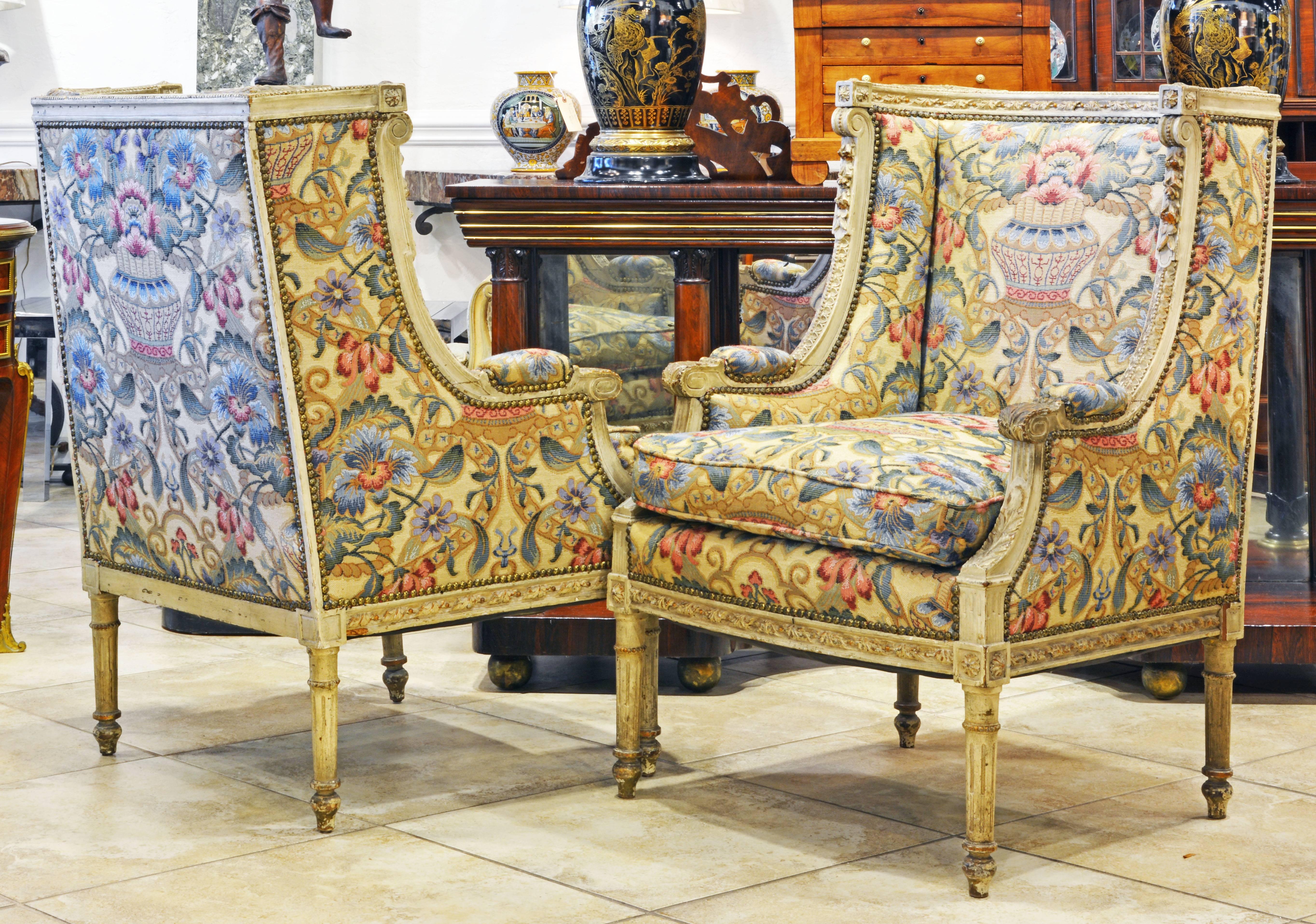 Pair of Late 19th Century, Louis XVI Style Carved Bergeres with Aubusson Cover In Good Condition In Ft. Lauderdale, FL