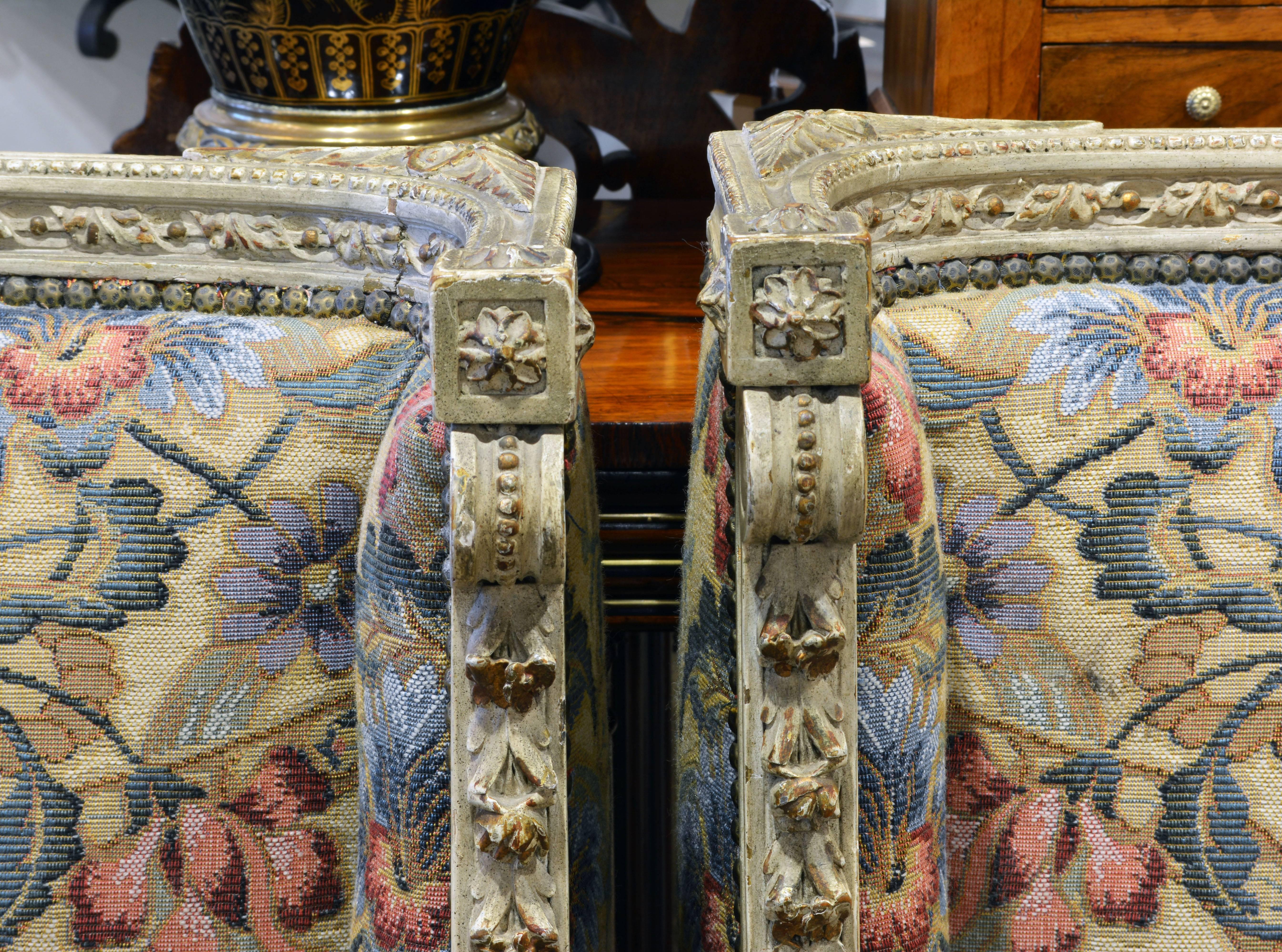 Wood Pair of Late 19th Century, Louis XVI Style Carved Bergeres with Aubusson Cover