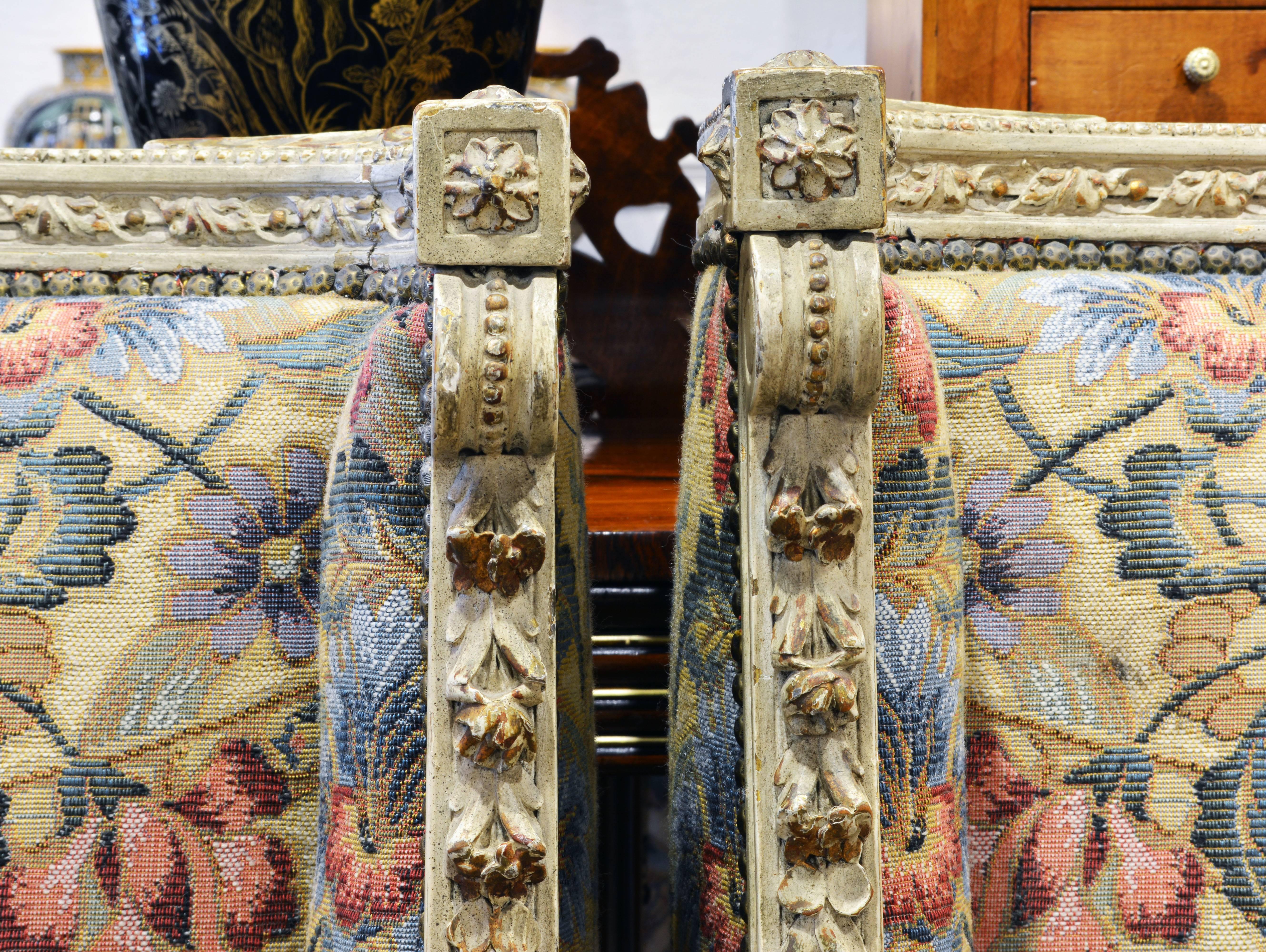 Pair of Late 19th Century, Louis XVI Style Carved Bergeres with Aubusson Cover 1