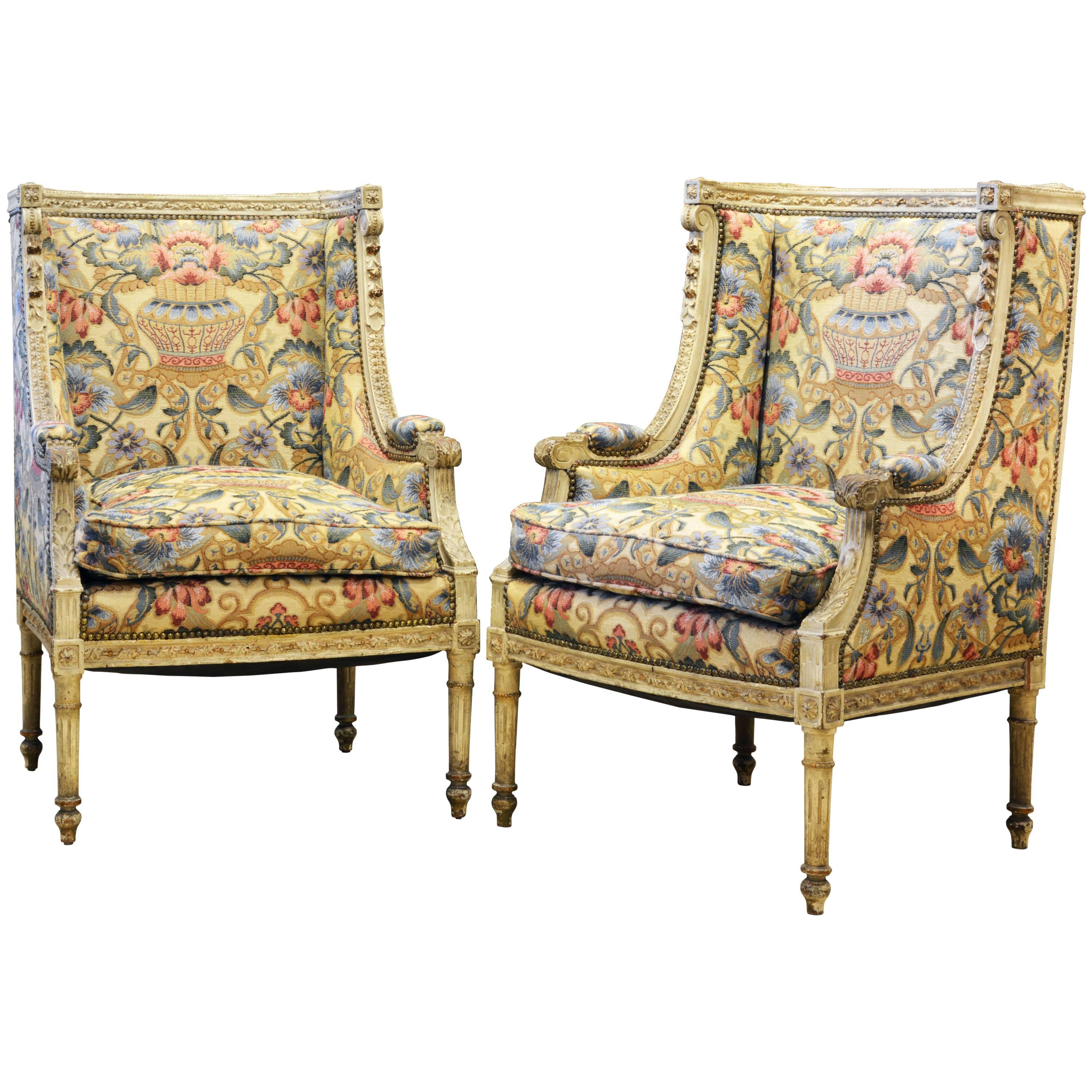 Pair of Late 19th Century, Louis XVI Style Carved Bergeres with Aubusson Cover
