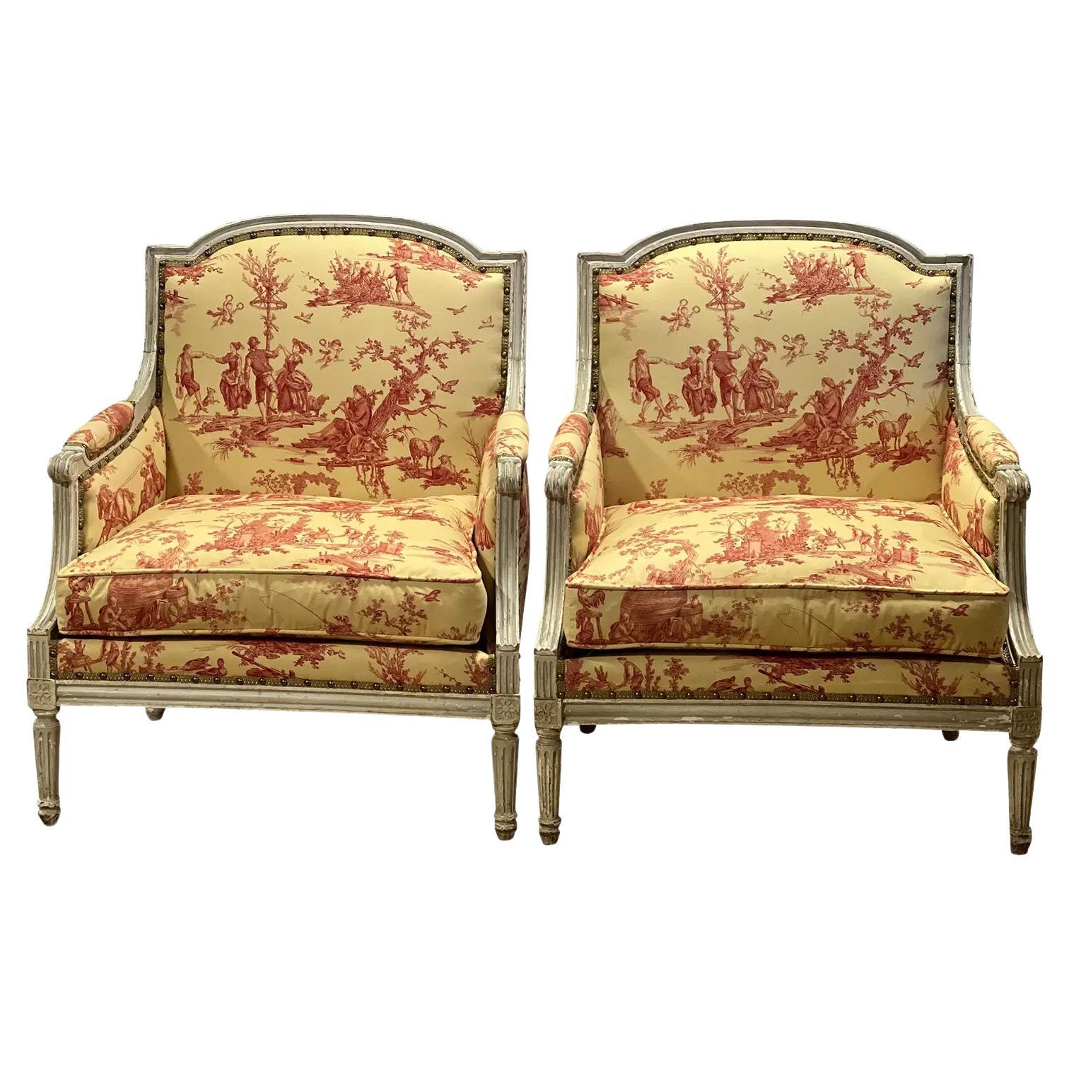 Pair of Late 19th Century Louis XVI Style French Marquis Chairs For Sale